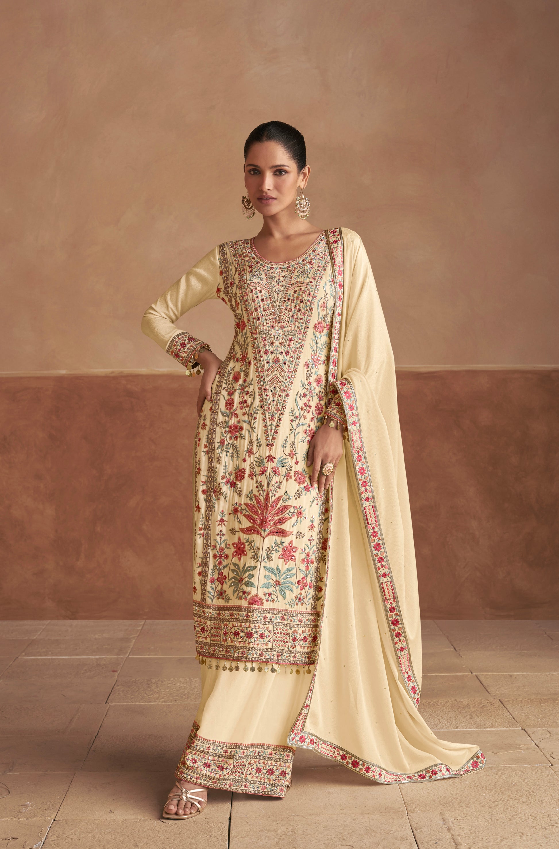 Cream Chinon Embroidered Straight Suit with Dupatta