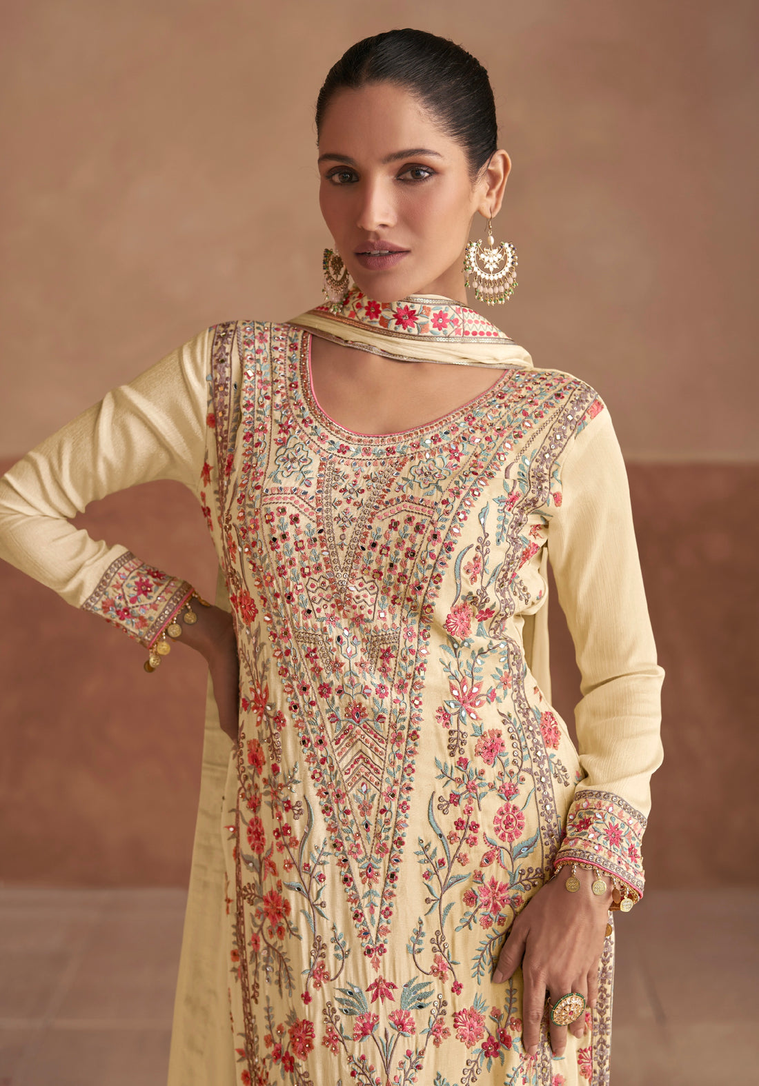 Cream Chinon Embroidered Straight Suit with Dupatta