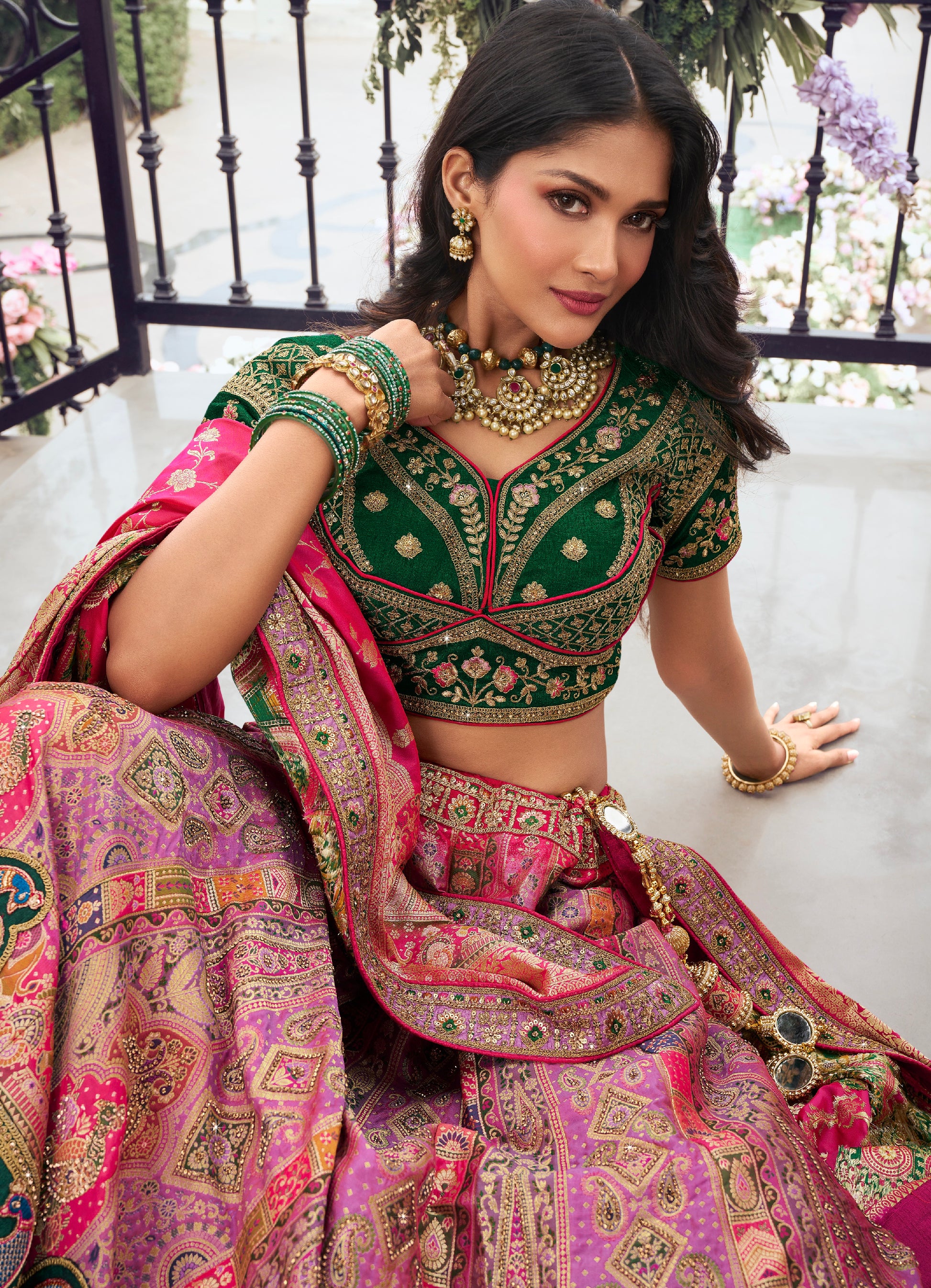 Pink and Green Banarasi Silk Wedding Lehenga with Zarkan Work