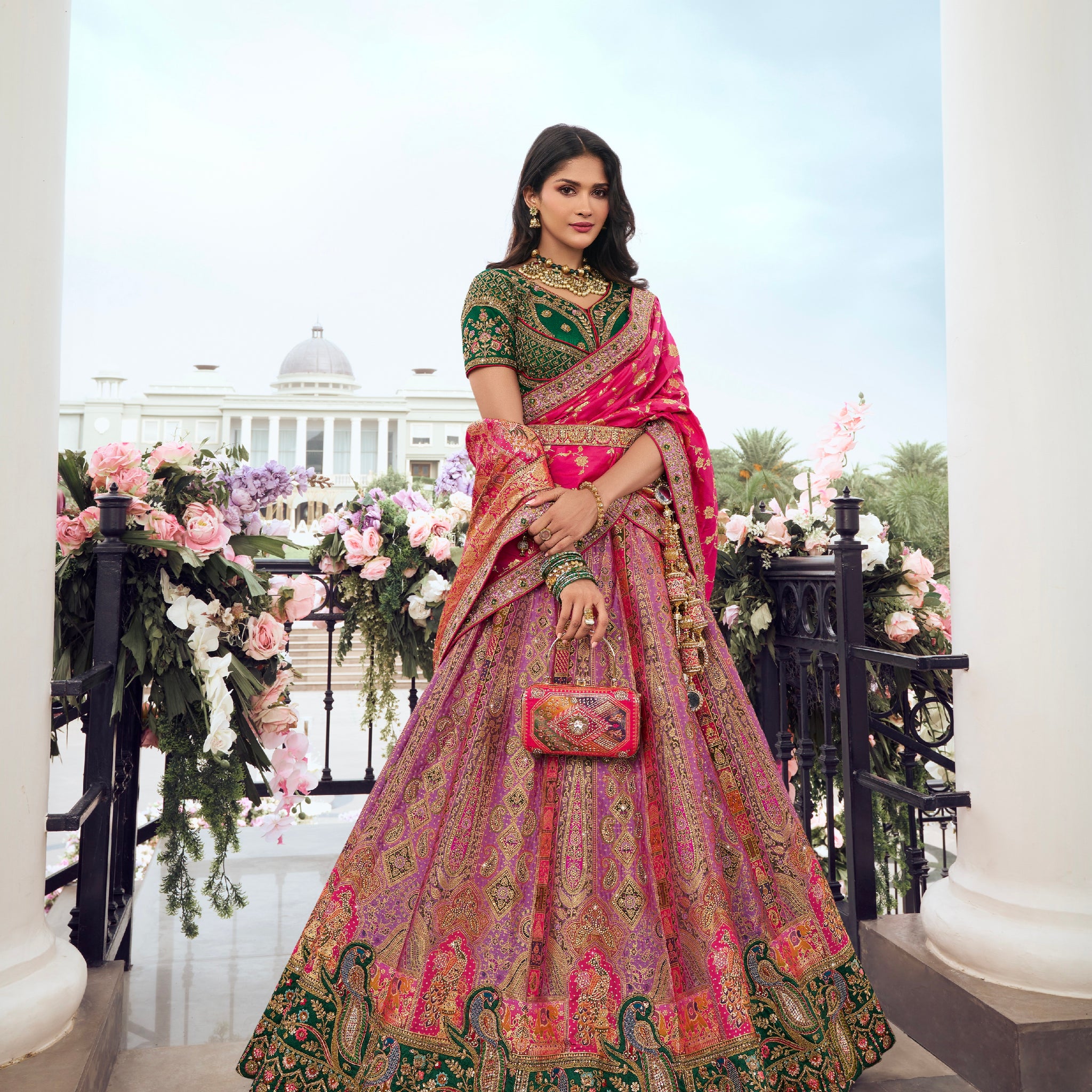 Pink and Green Banarasi Silk Wedding Lehenga with Zarkan Work