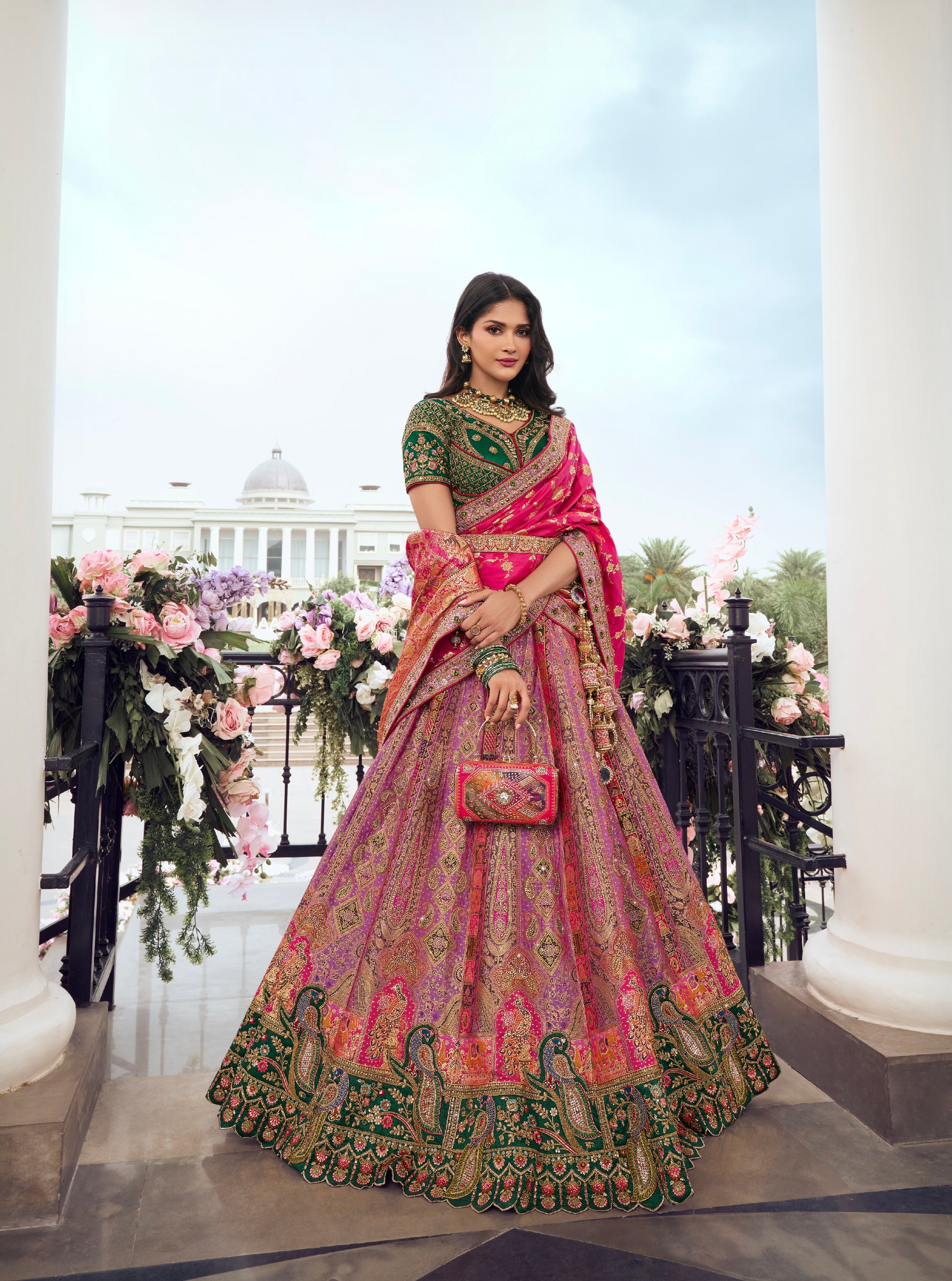 Pink and Green Banarasi Silk Wedding Lehenga with Zarkan Work