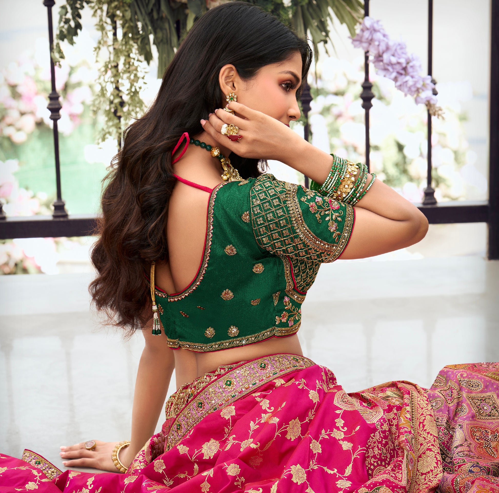 Pink and Green Banarasi Silk Wedding Lehenga with Zarkan Work