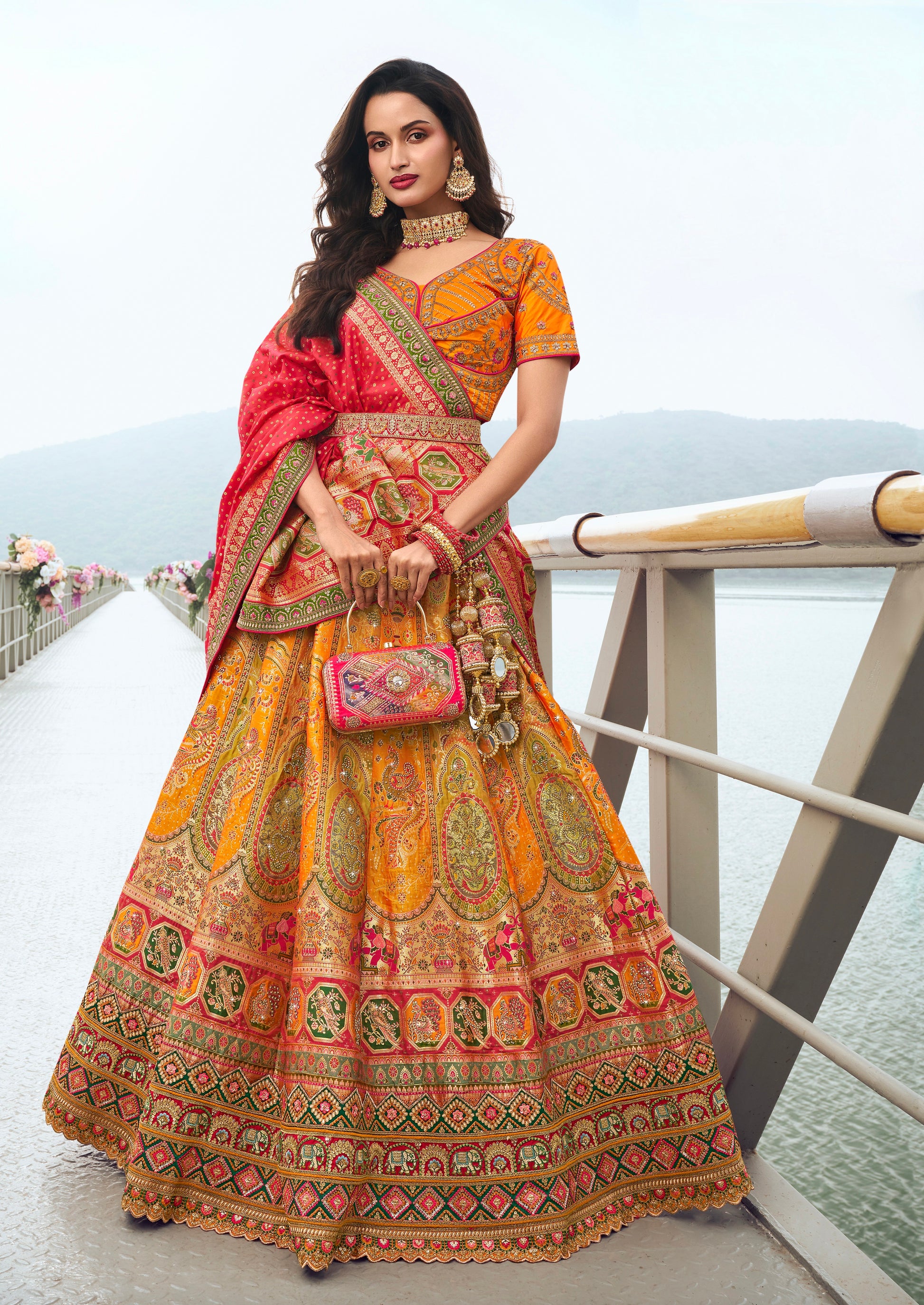 Yellow and Orange Banarasi Silk Festive Lehenga with Zarkan Work