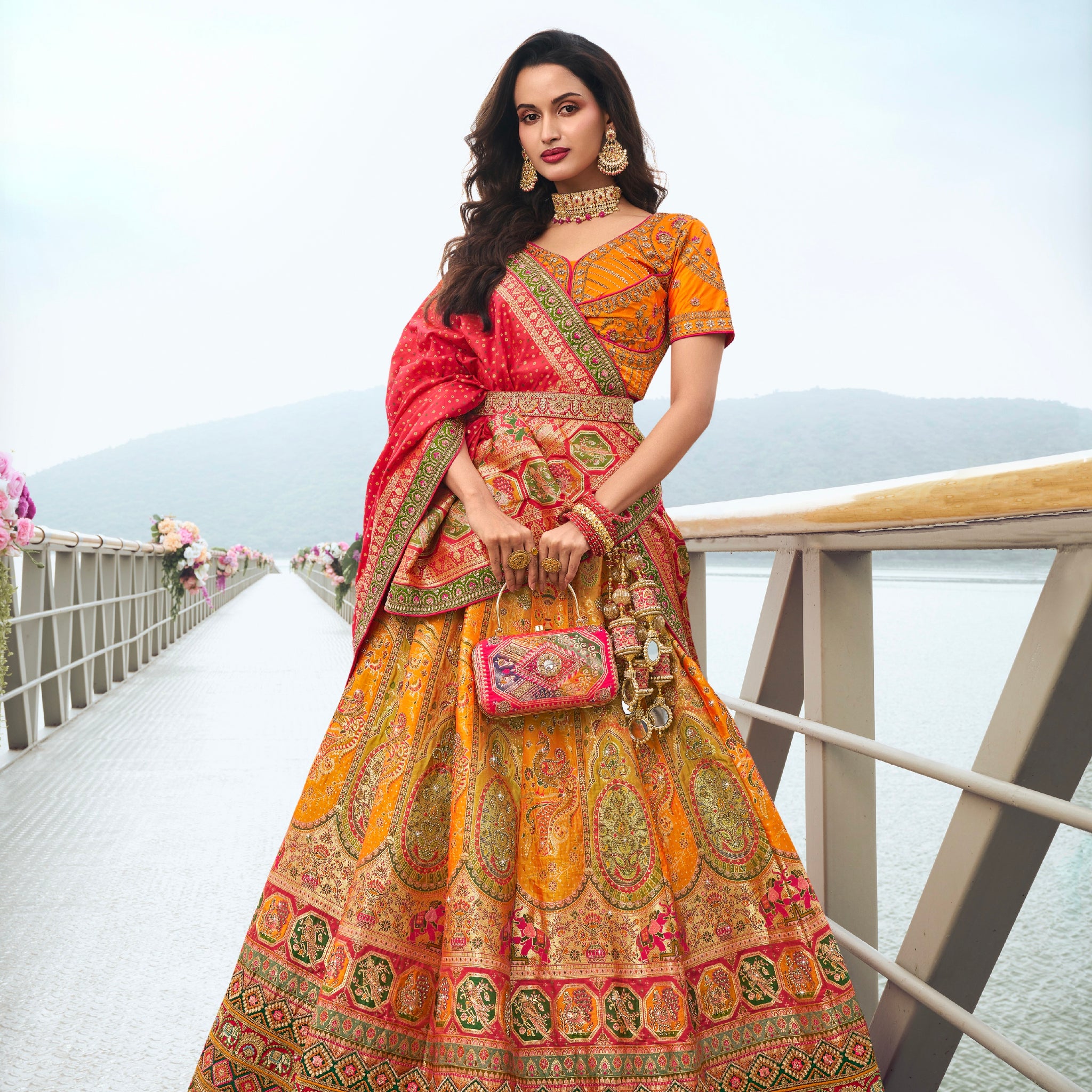 Yellow and Orange Banarasi Silk Festive Lehenga with Zarkan Work