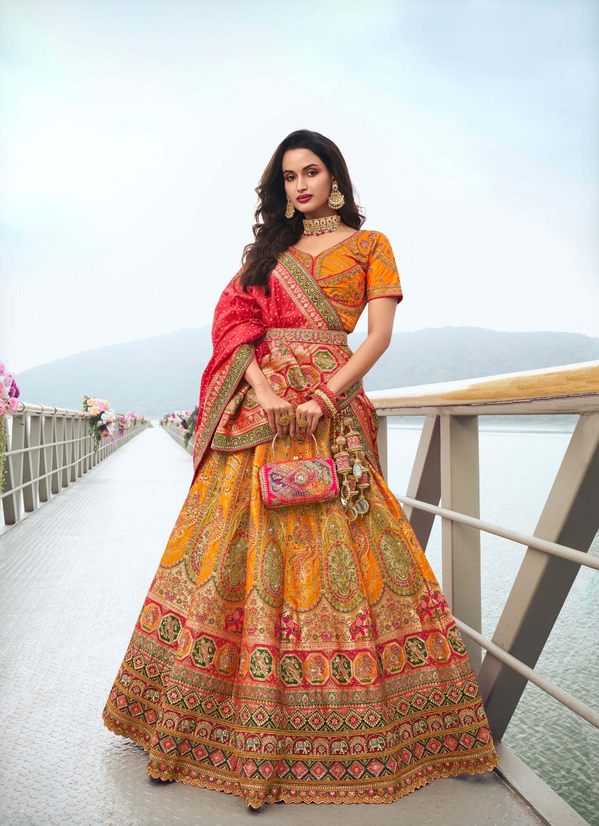 Yellow and Orange Banarasi Silk Festive Lehenga with Zarkan Work