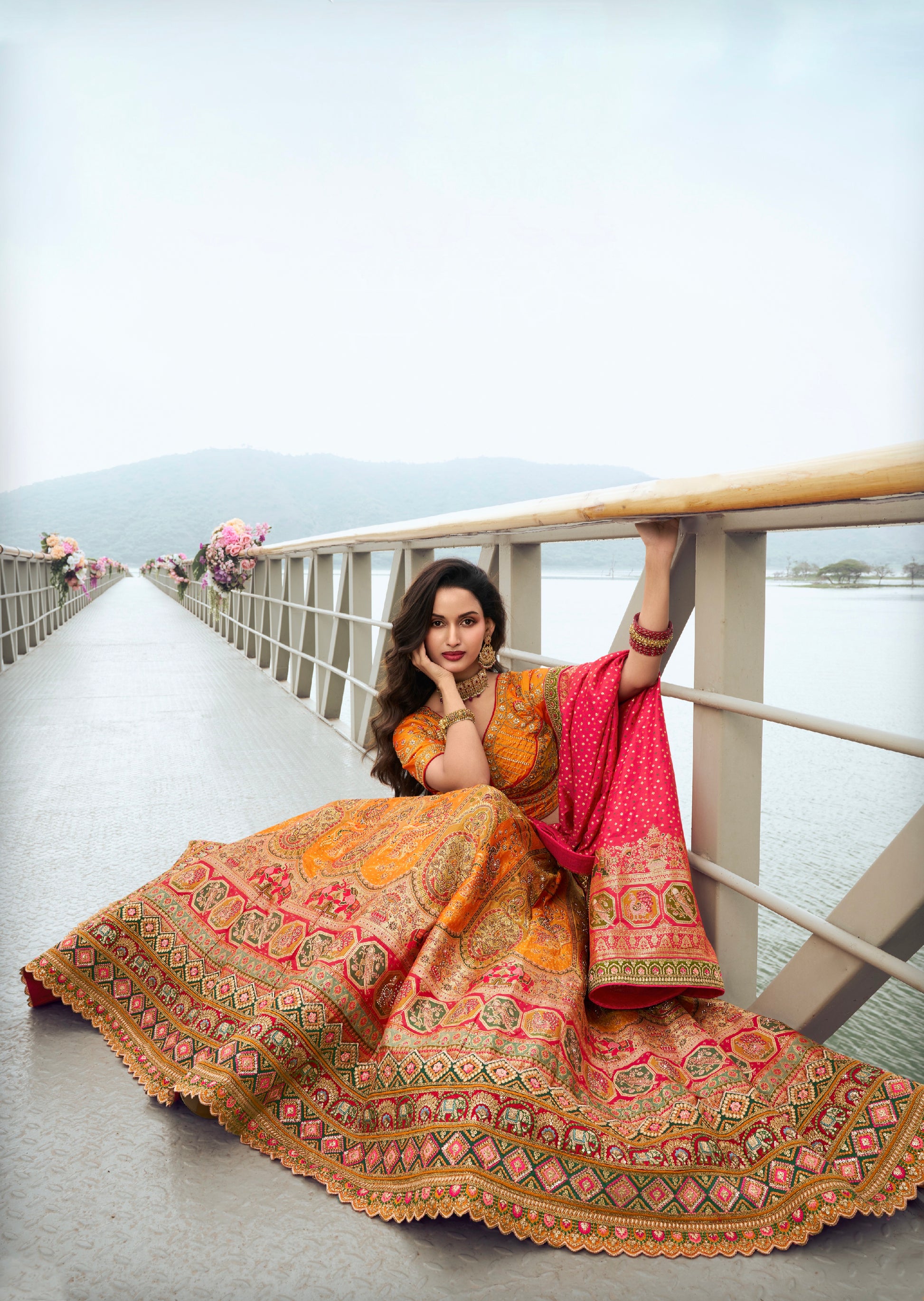 Yellow and Orange Banarasi Silk Festive Lehenga with Zarkan Work