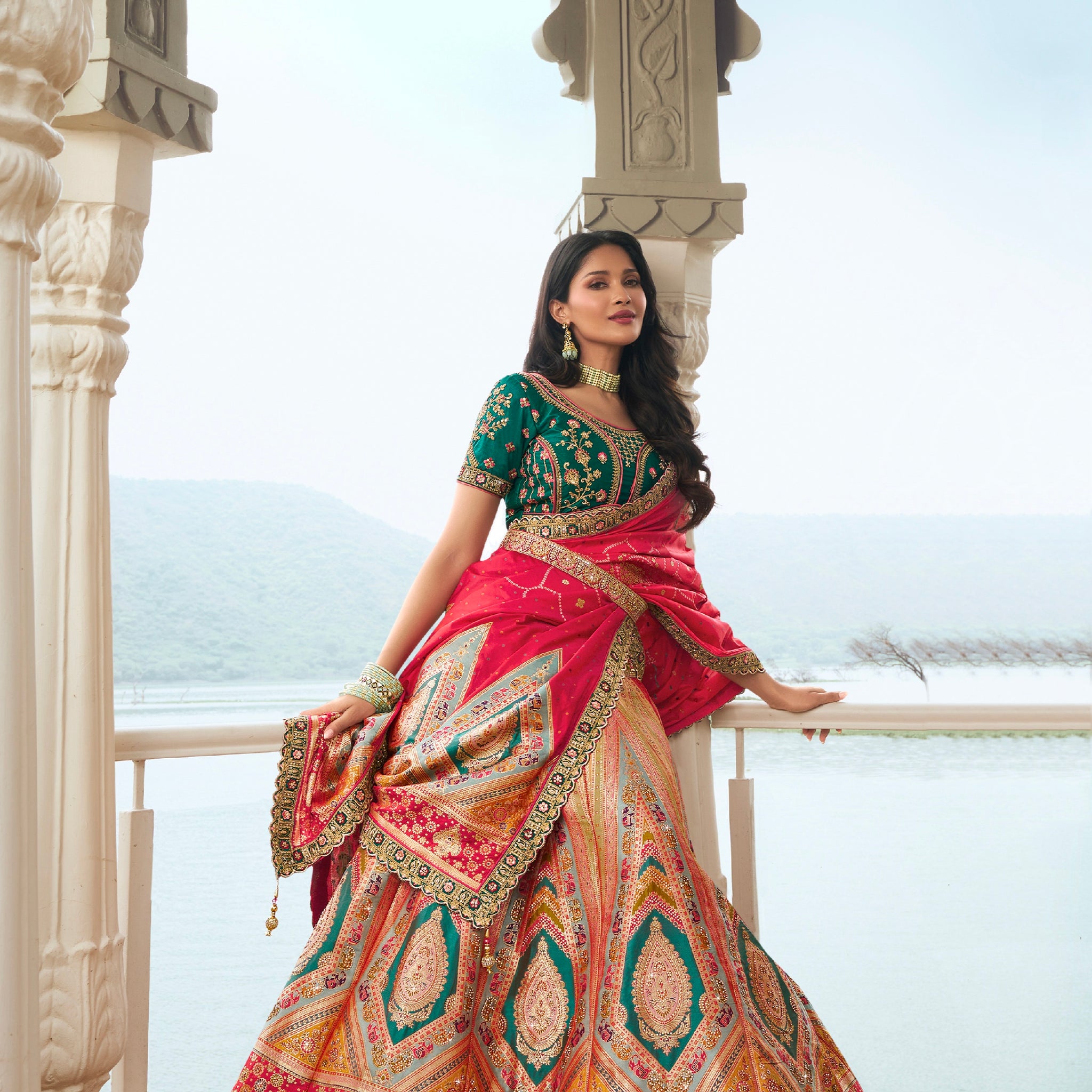 Golden Banarasi Silk Bridal Lehenga with Red and Green Accents