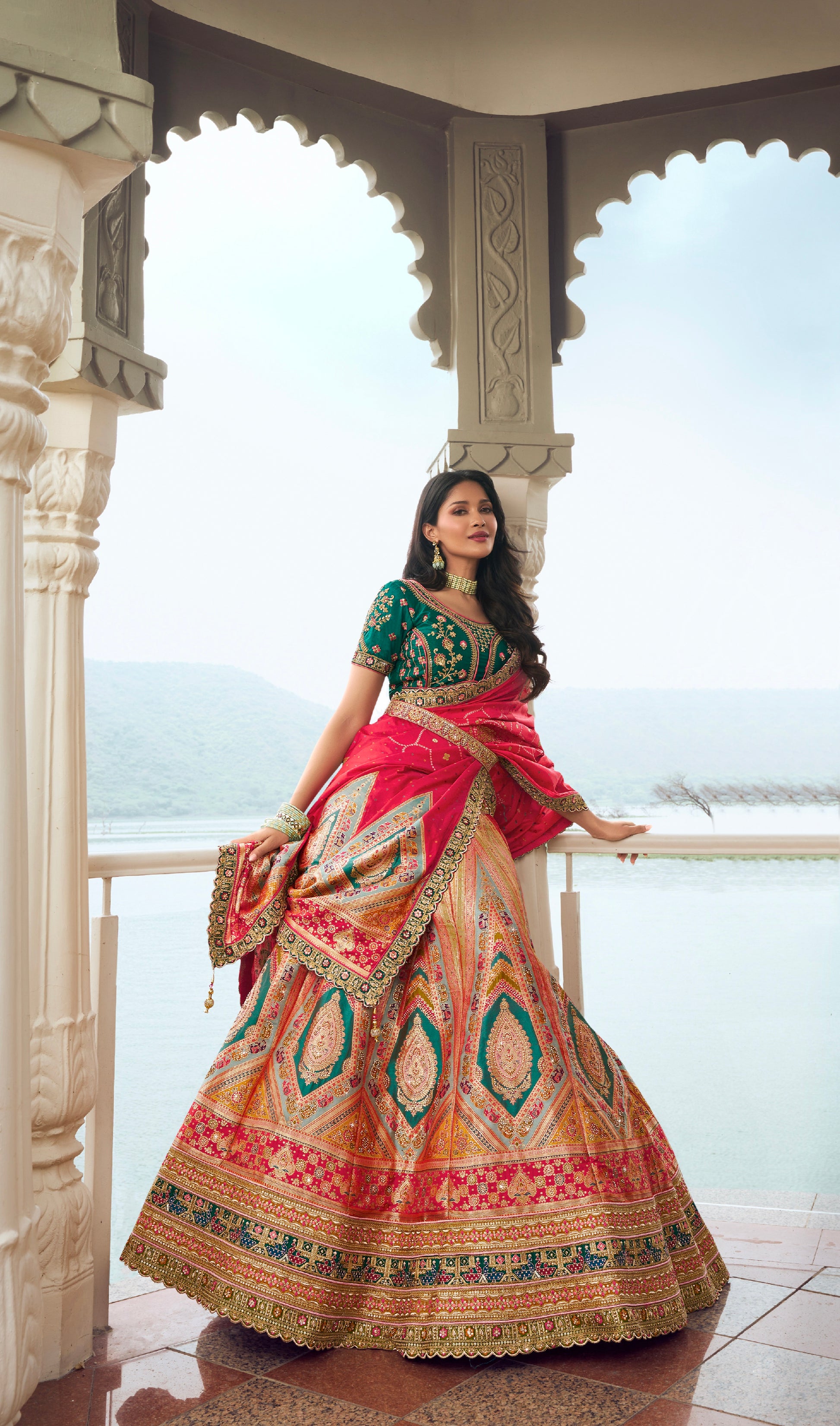 Golden Banarasi Silk Bridal Lehenga with Red and Green Accents