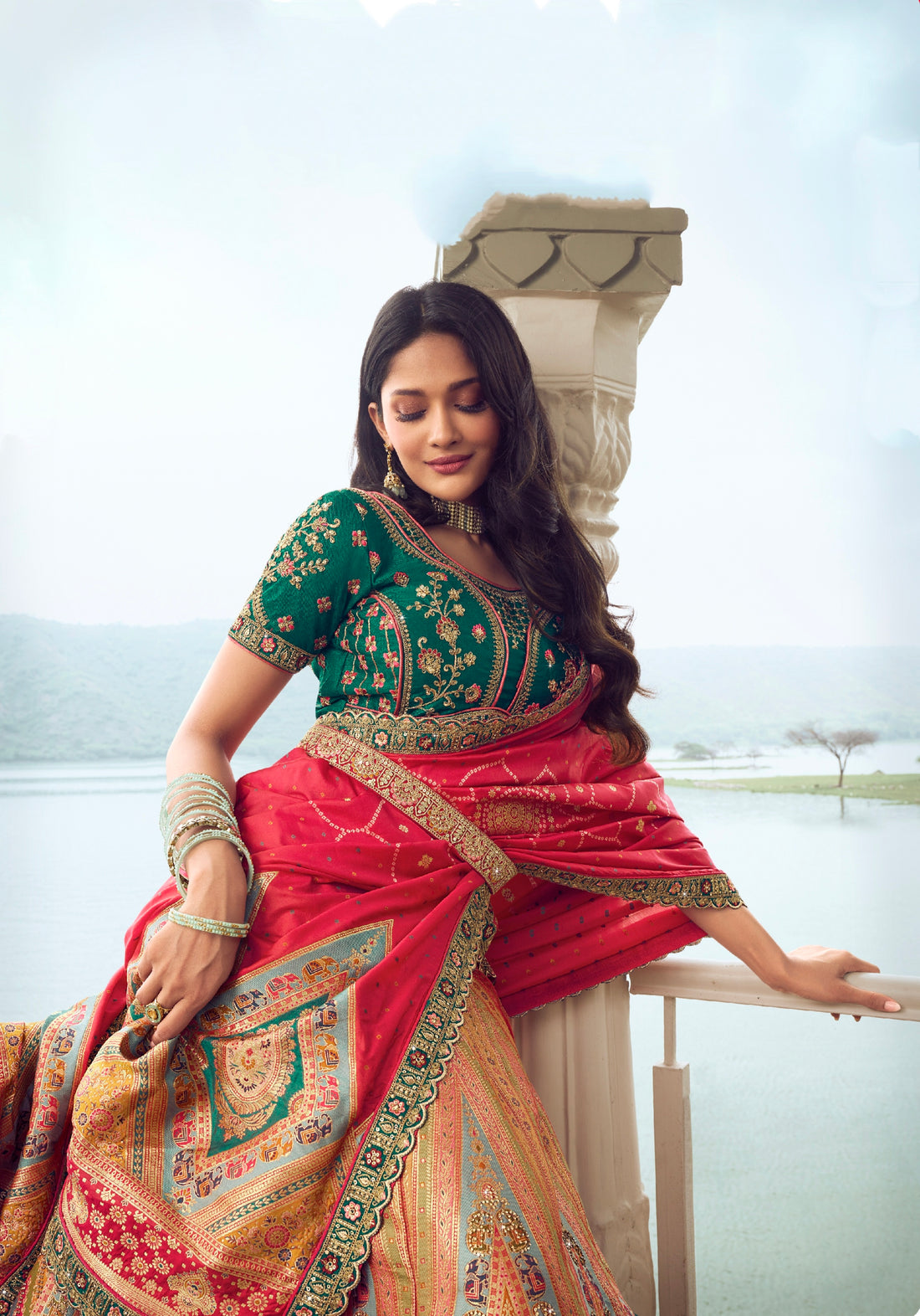 Golden Banarasi Silk Bridal Lehenga with Red and Green Accents