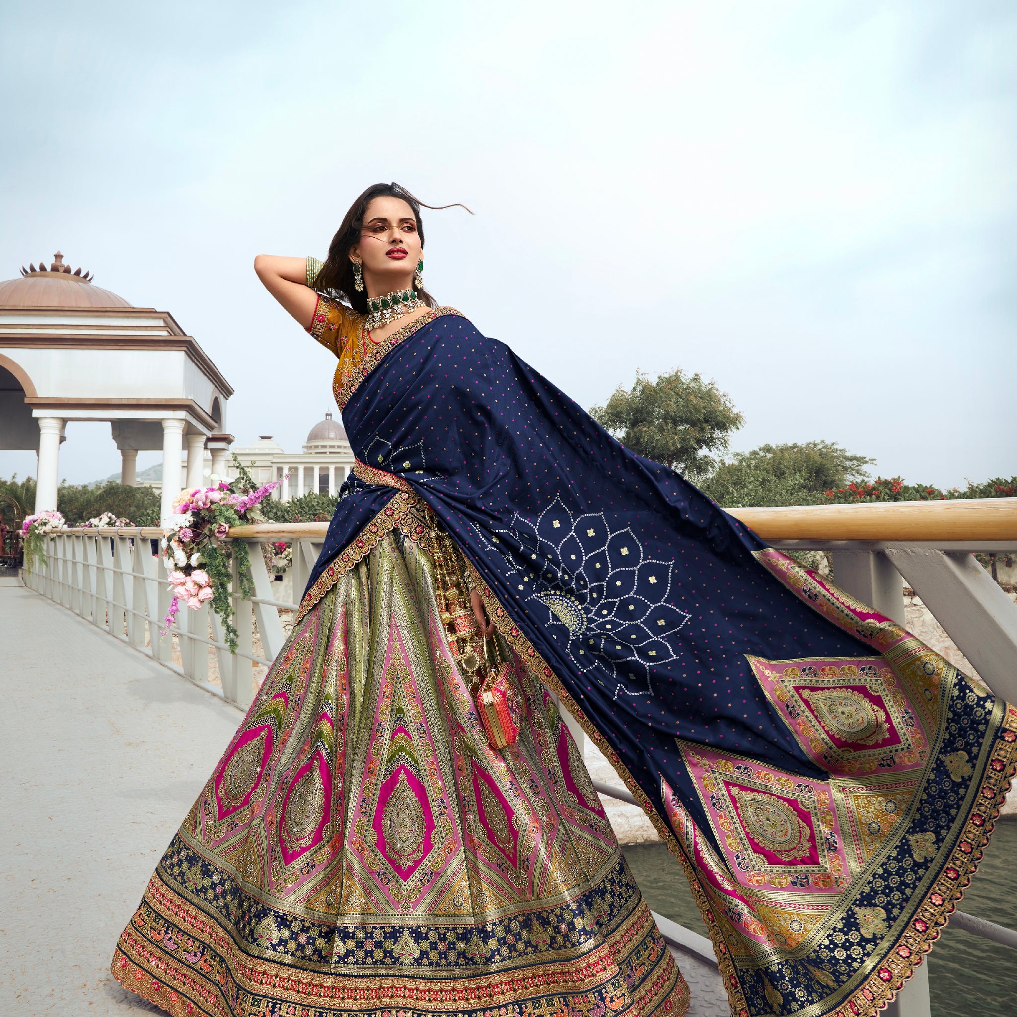 Blue and Green Banarasi Silk Wedding Lehenga with Zarkan Work