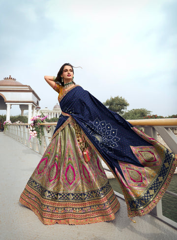 Blue and Green Banarasi Silk Wedding Lehenga with Zarkan Work