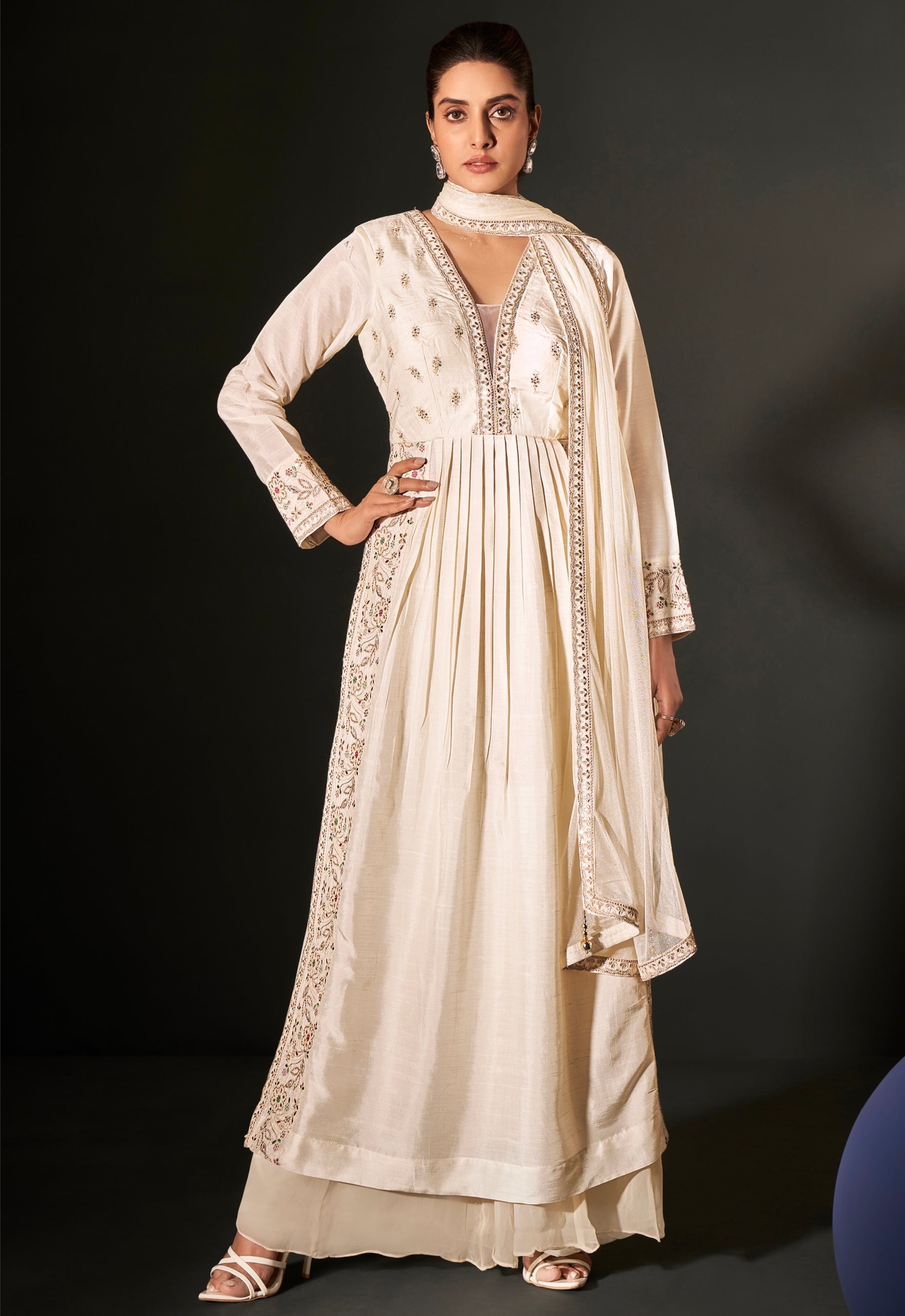 Ivory Georgette Anarkali Suit with Chikankari and Zari Work