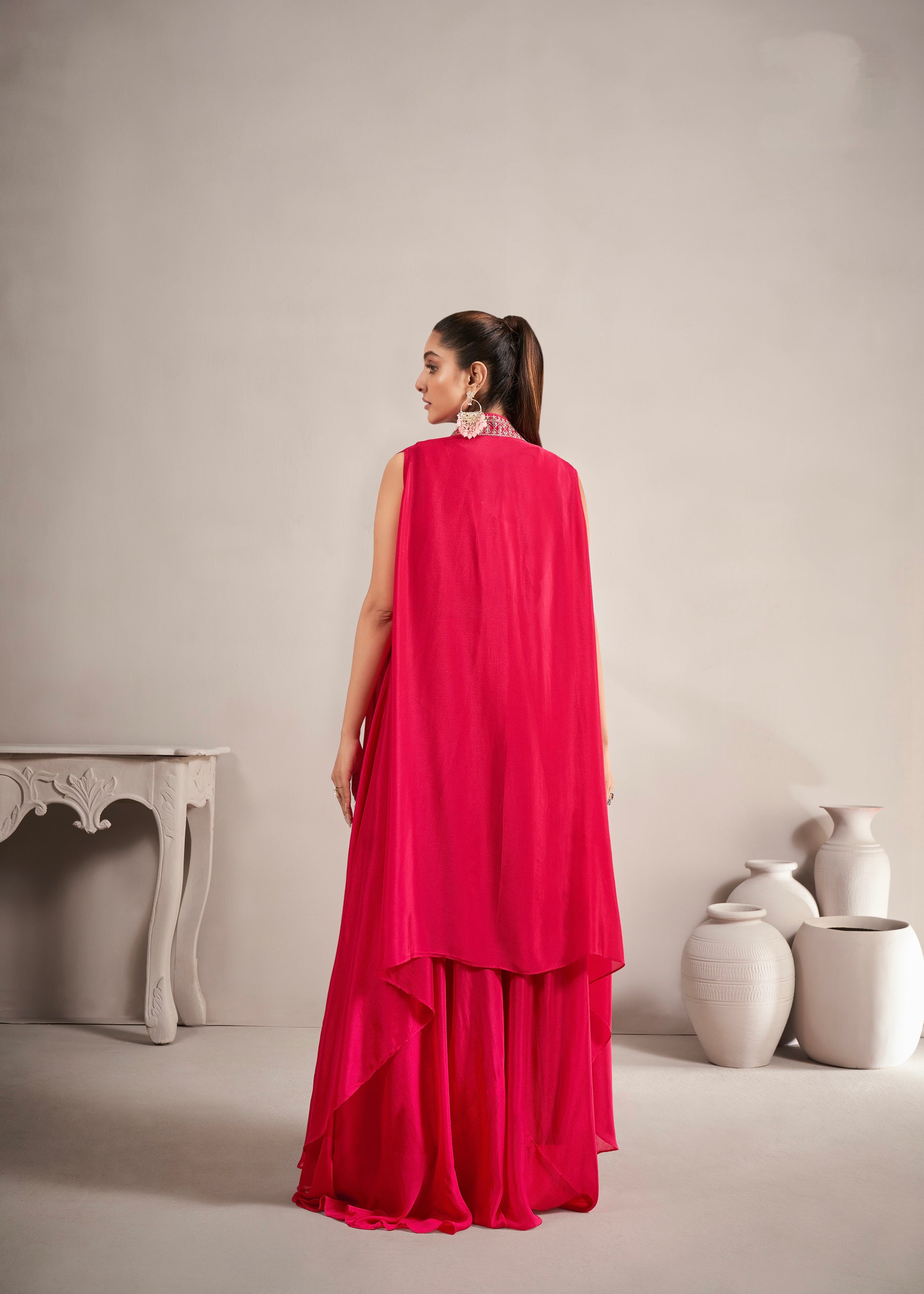 Bright Pink Chinnon Georgette Koti Style Palazzo Suit