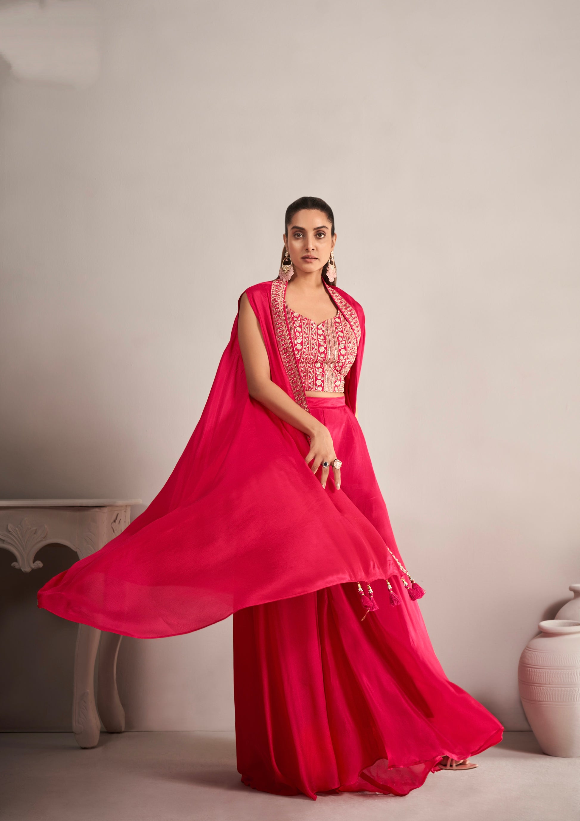 Bright Pink Chinnon Georgette Koti Style Palazzo Suit