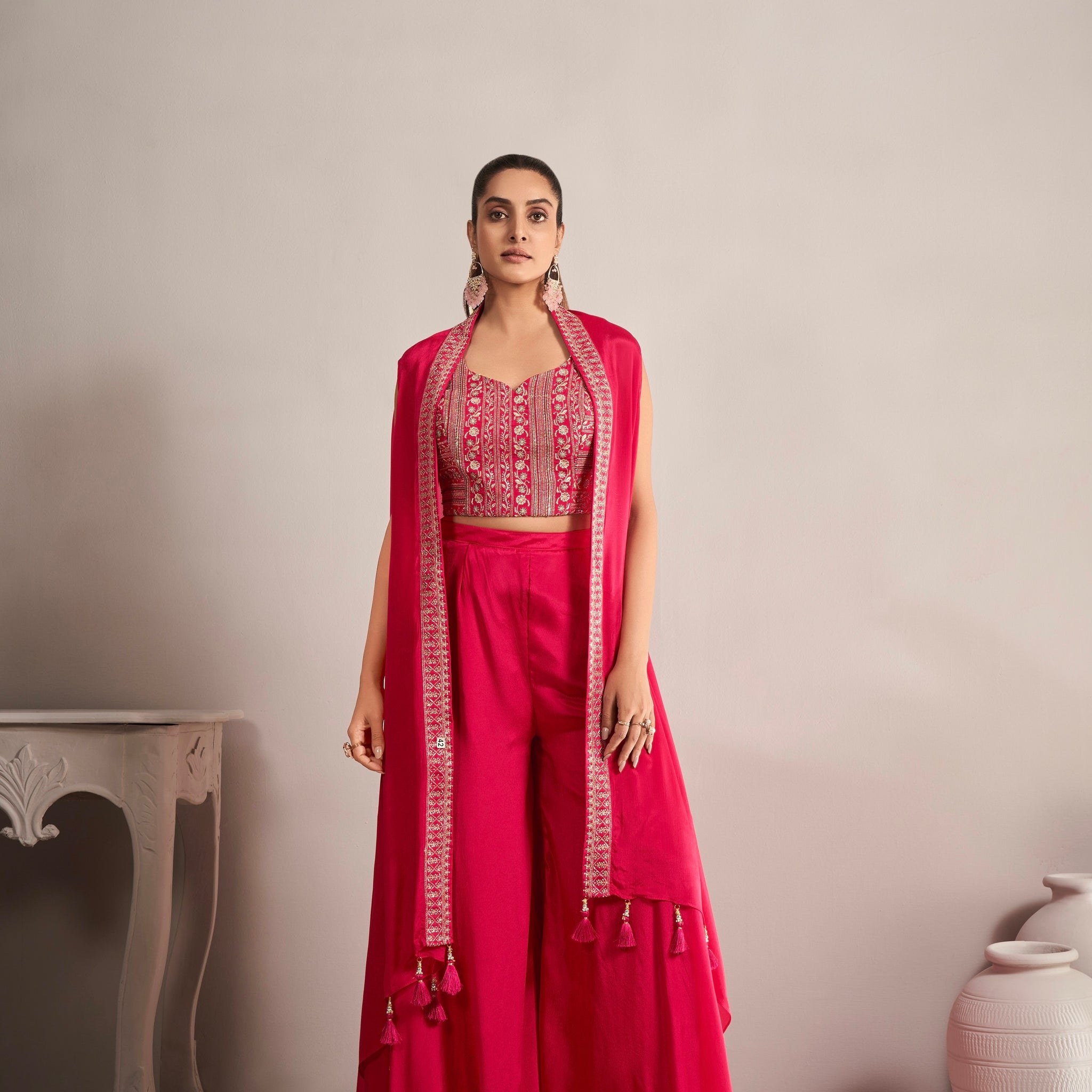 Bright Pink Chinnon Georgette Koti Style Palazzo Suit