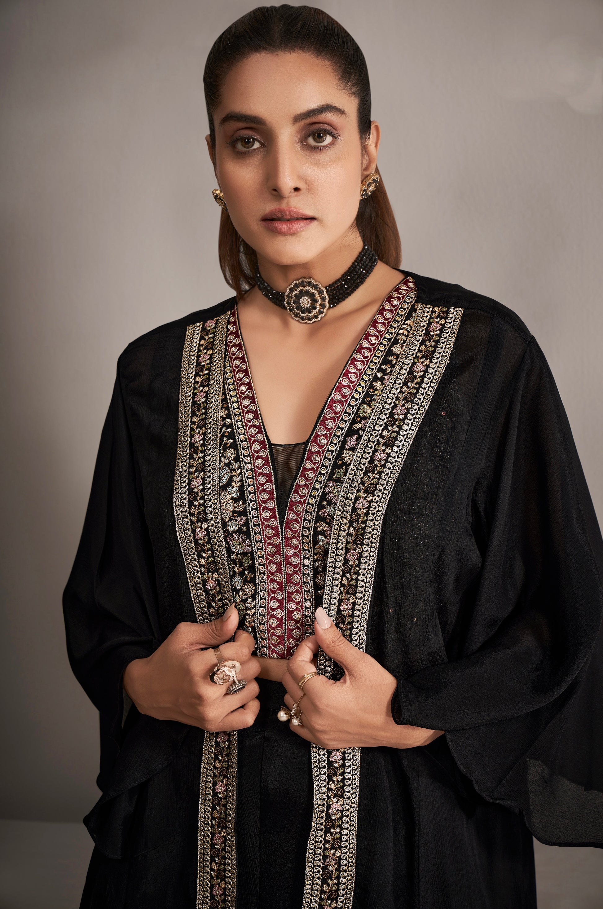 Jet Black Chinnon Georgette Koti Style Palazzo Suit