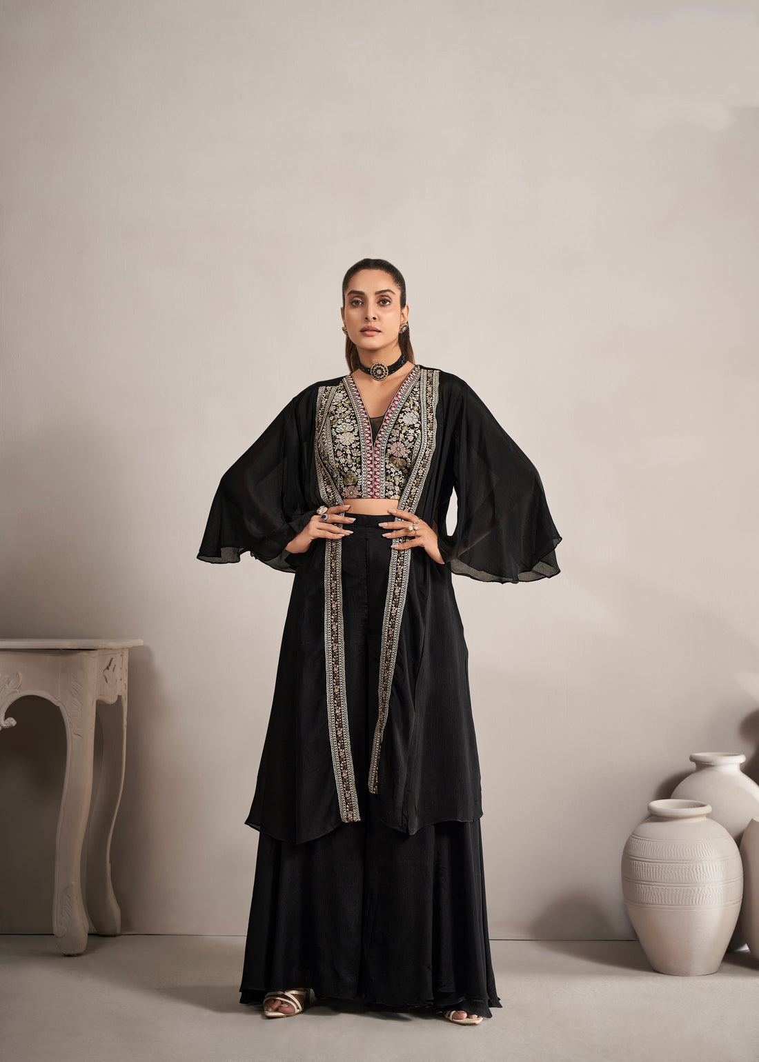 Jet Black Chinnon Georgette Koti Style Palazzo Suit