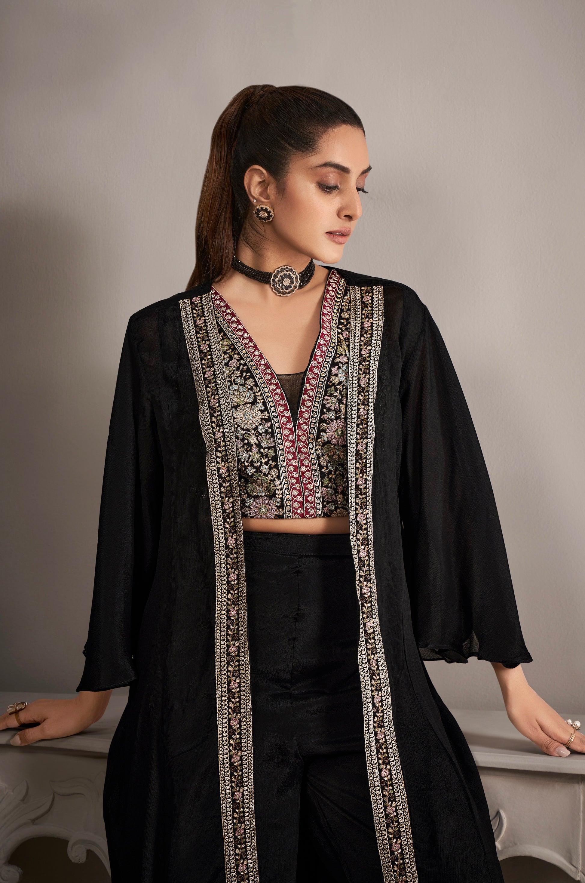 Jet Black Chinnon Georgette Koti Style Palazzo Suit