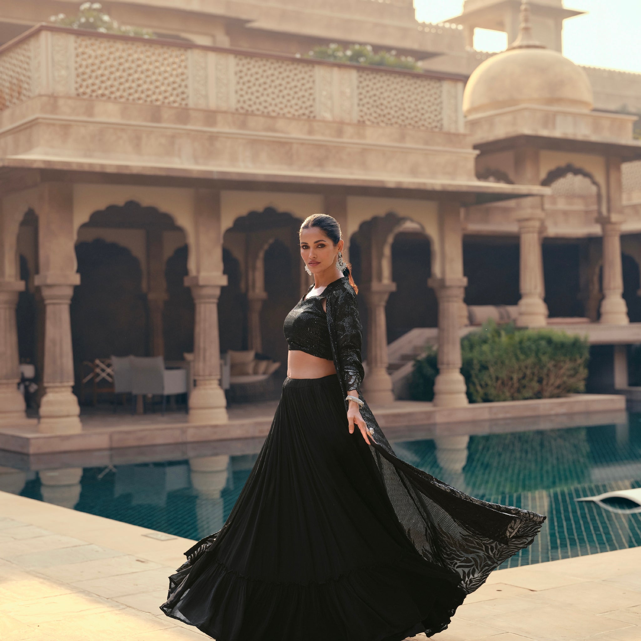 Black Georgette Sharara Suit with Embroidered Jacket