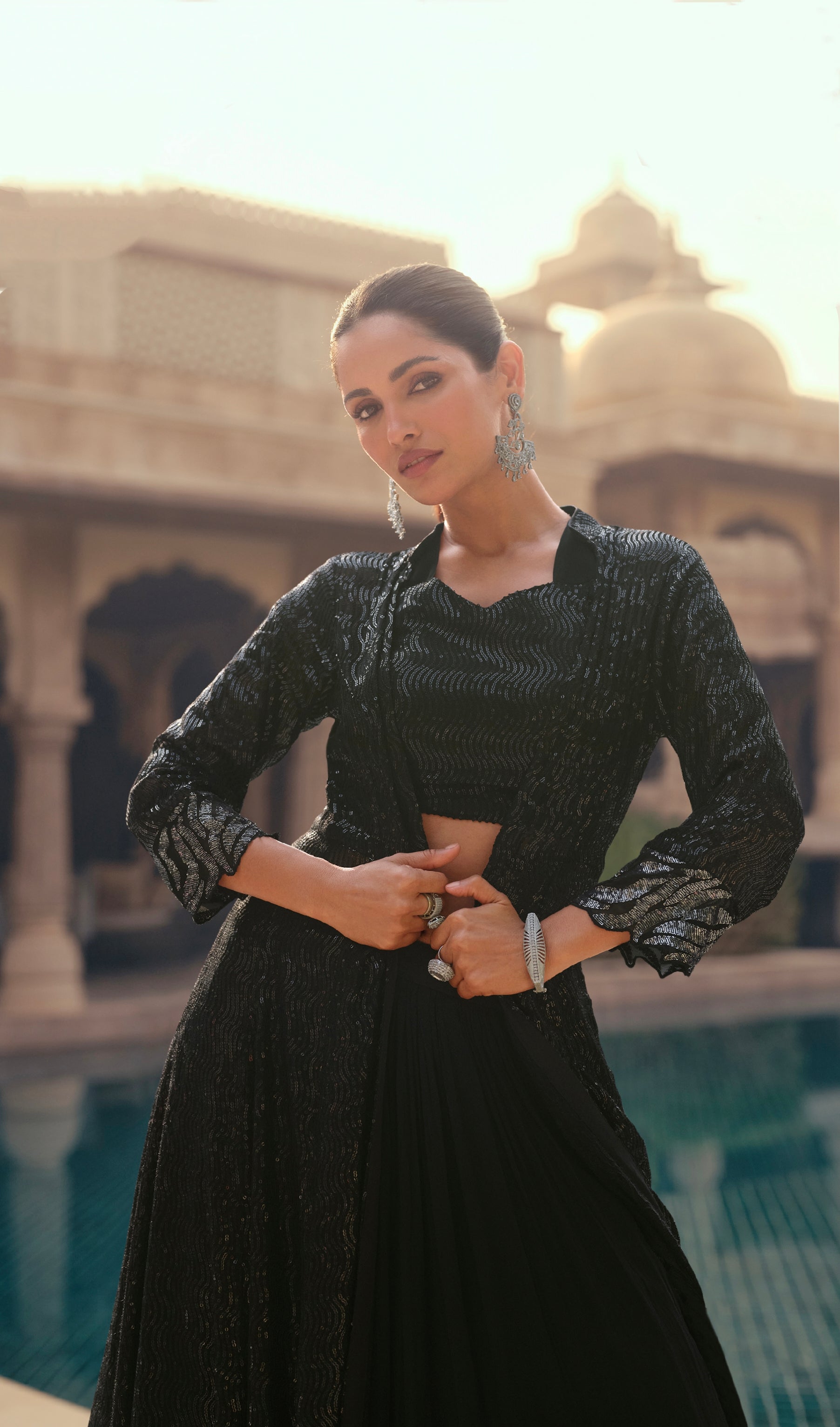 Black Georgette Sharara Suit with Embroidered Jacket