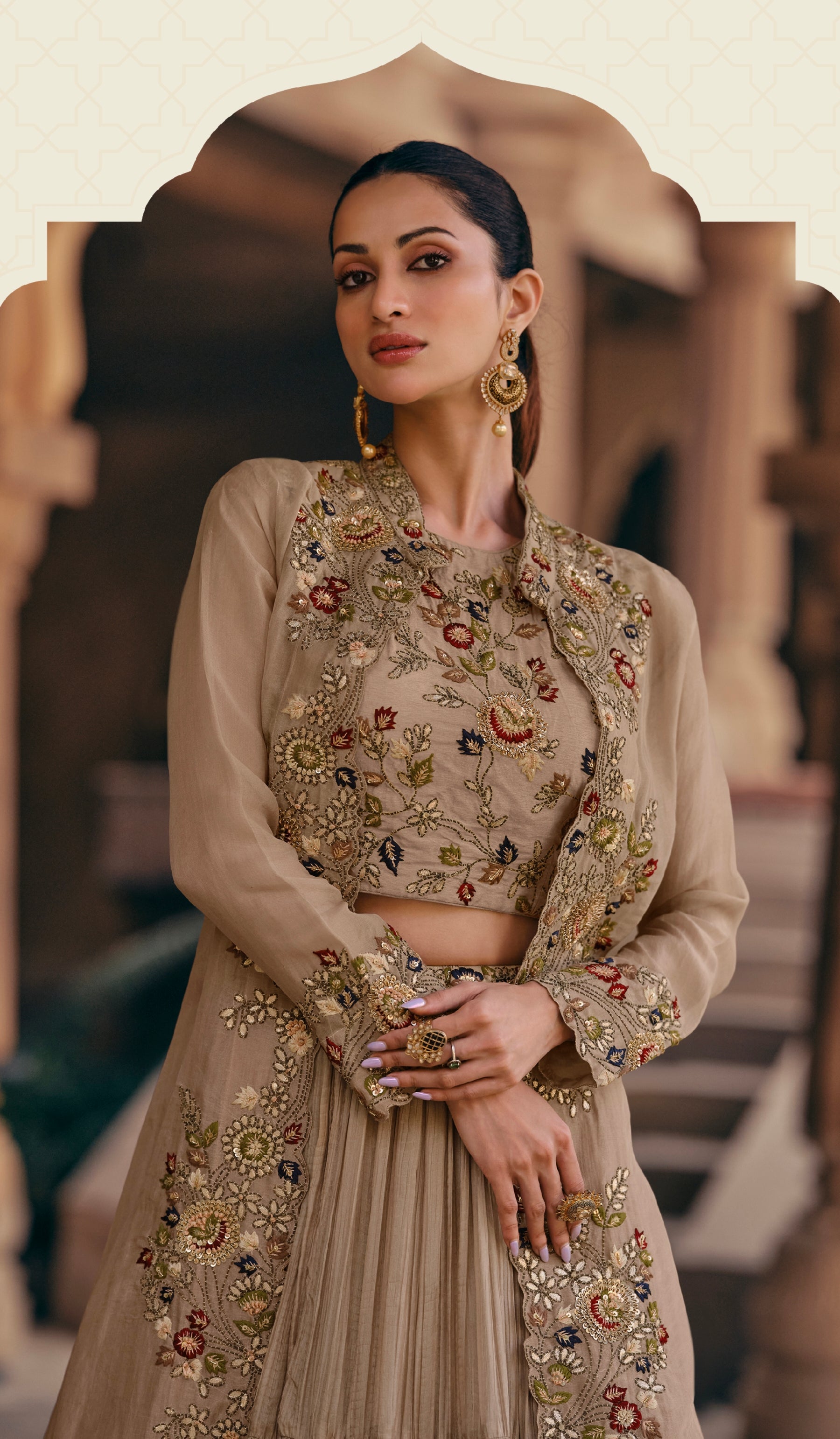 Beige Georgette Sharara Suit with Floral Embroidery