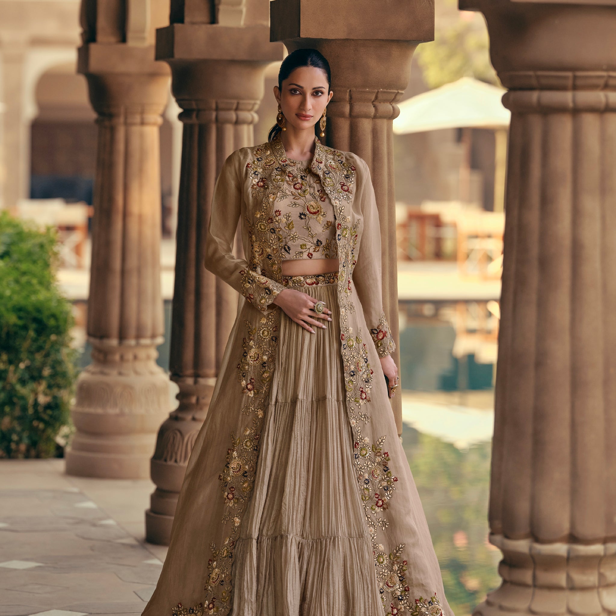 Beige Georgette Sharara Suit with Floral Embroidery