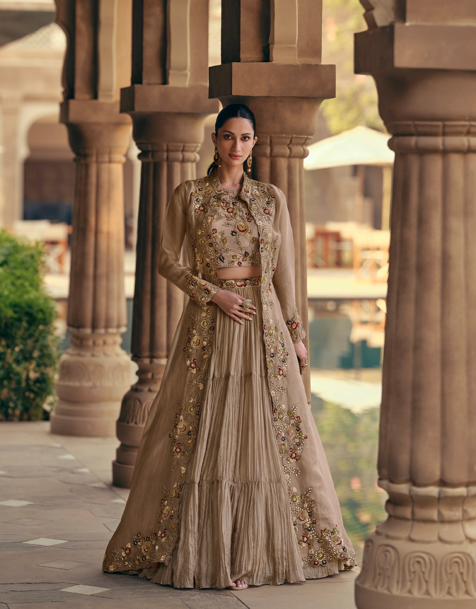 Beige Georgette Sharara Suit with Floral Embroidery