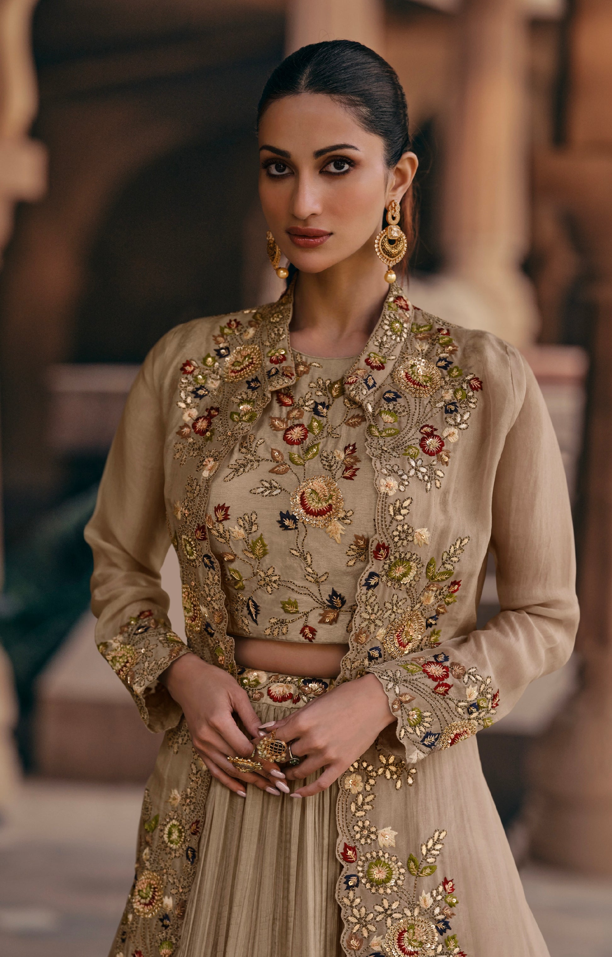 Beige Georgette Sharara Suit with Floral Embroidery