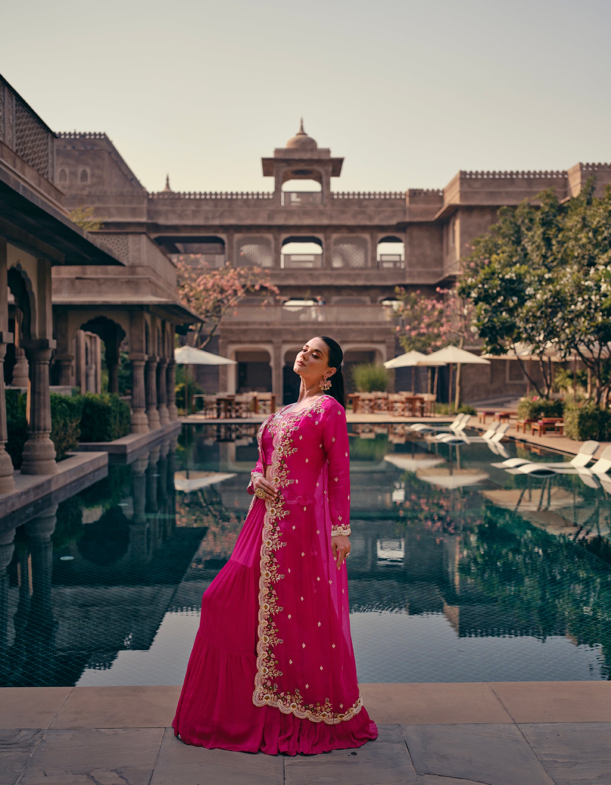 Pink Georgette Sharara Suit with Gold Embroidery