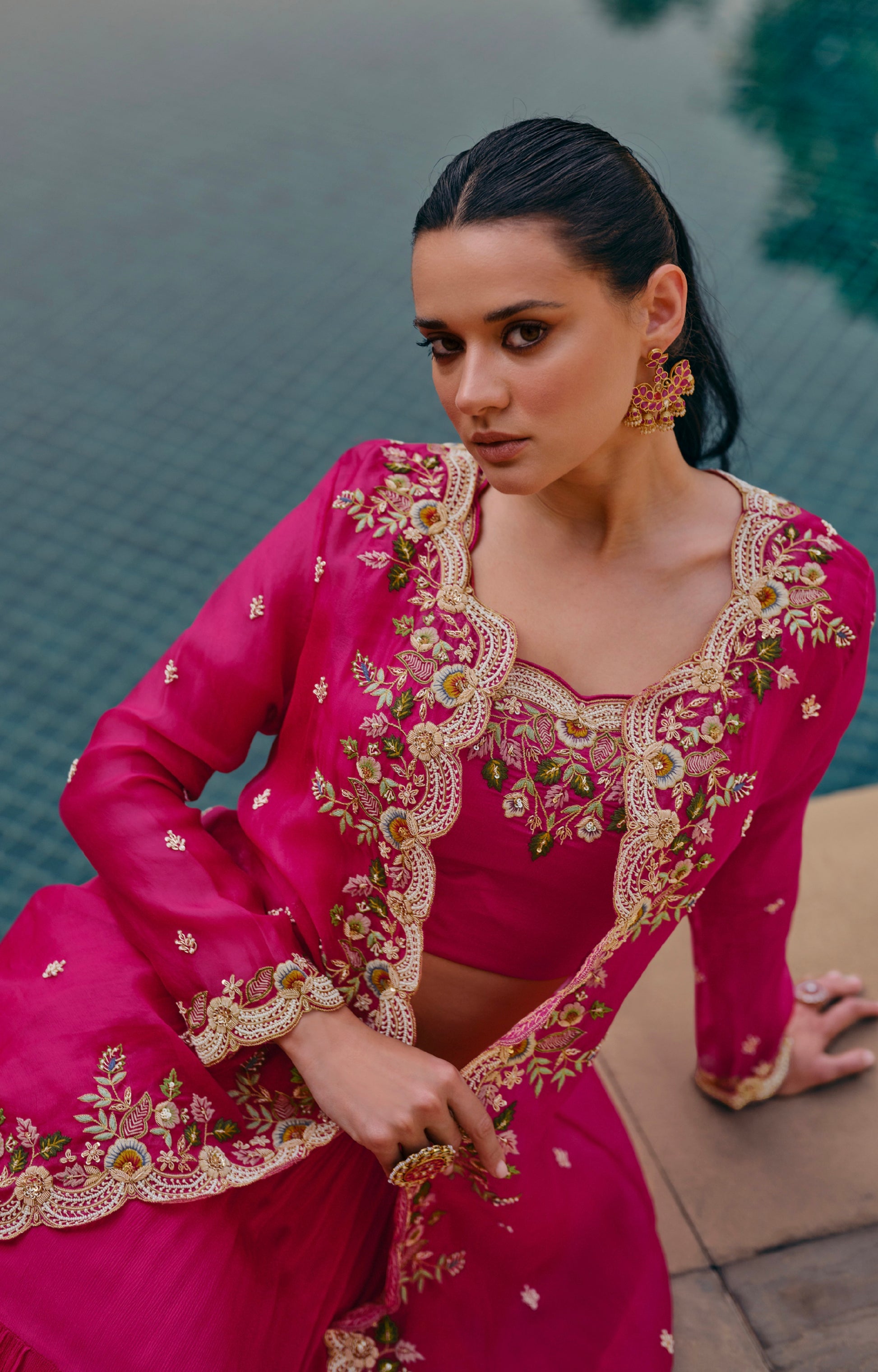 Pink Georgette Sharara Suit with Gold Embroidery