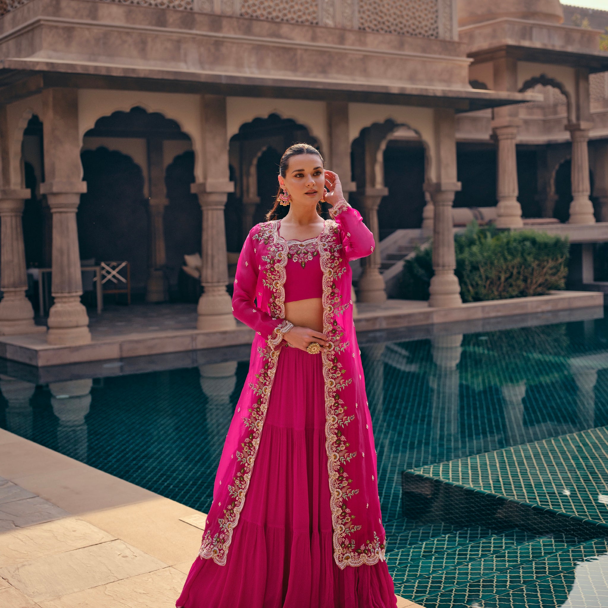 Pink Georgette Sharara Suit with Gold Embroidery