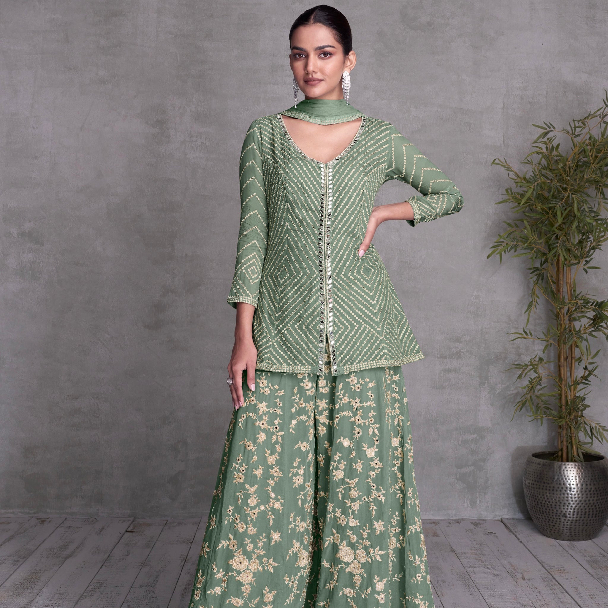 Olive Green Georgette Embroidered Sharara Suit with Gold Detailing