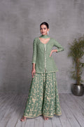 Olive Green Georgette Embroidered Sharara Suit with Gold Detailing