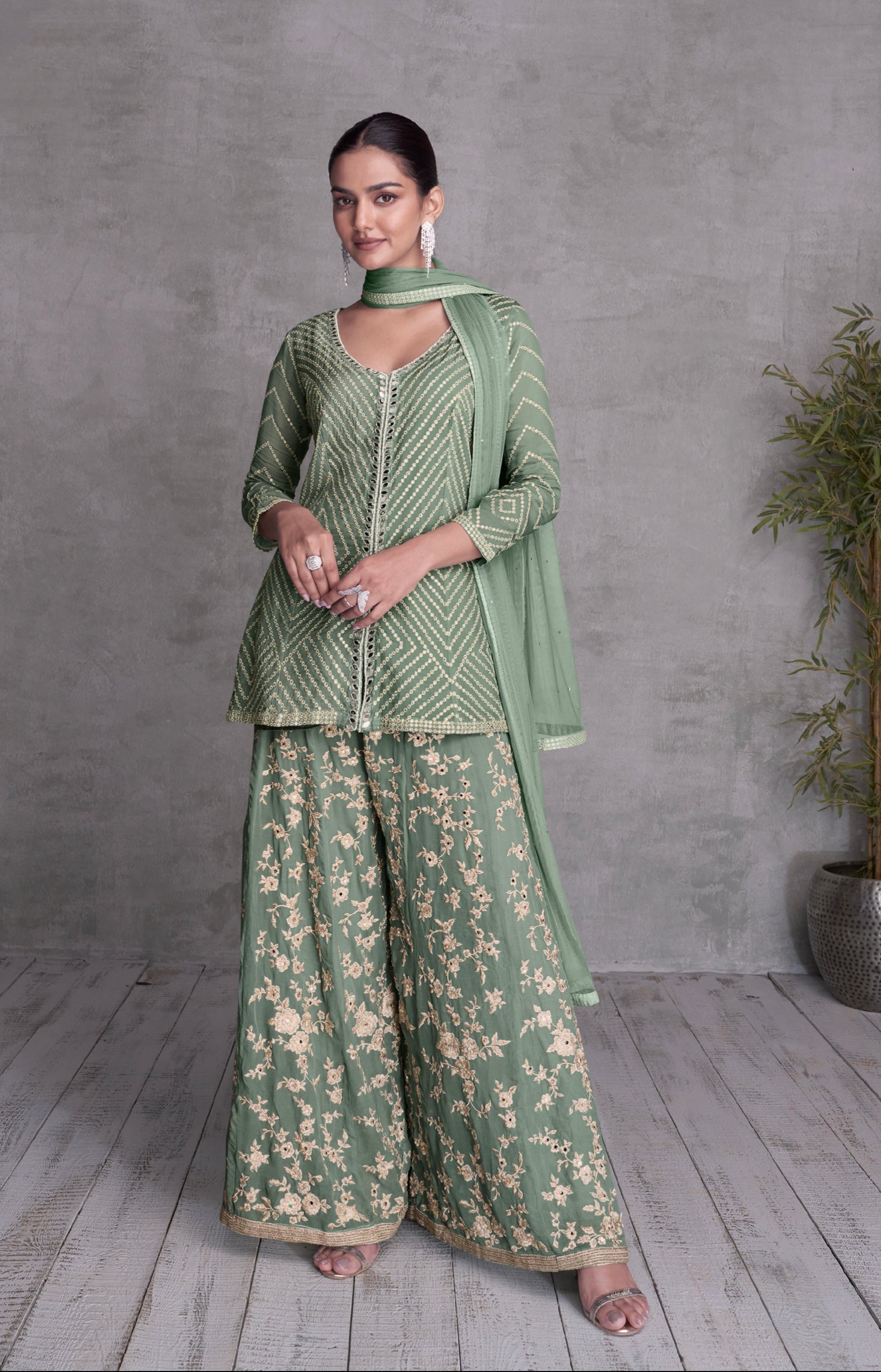 Olive Green Georgette Embroidered Sharara Suit with Gold Detailing