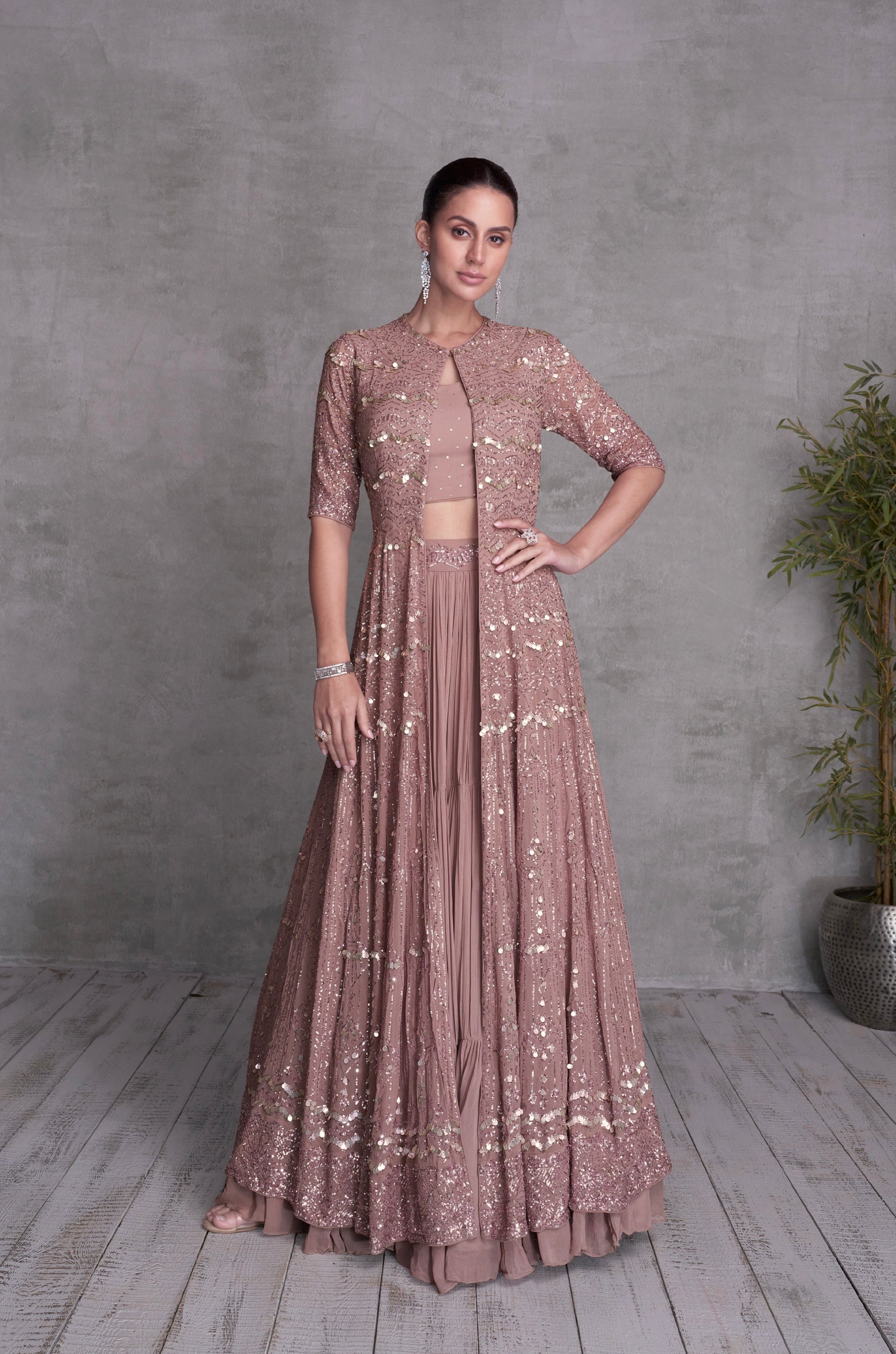 Pink Georgette Embroidered Sharara Set with Jacket & Gold Detailing