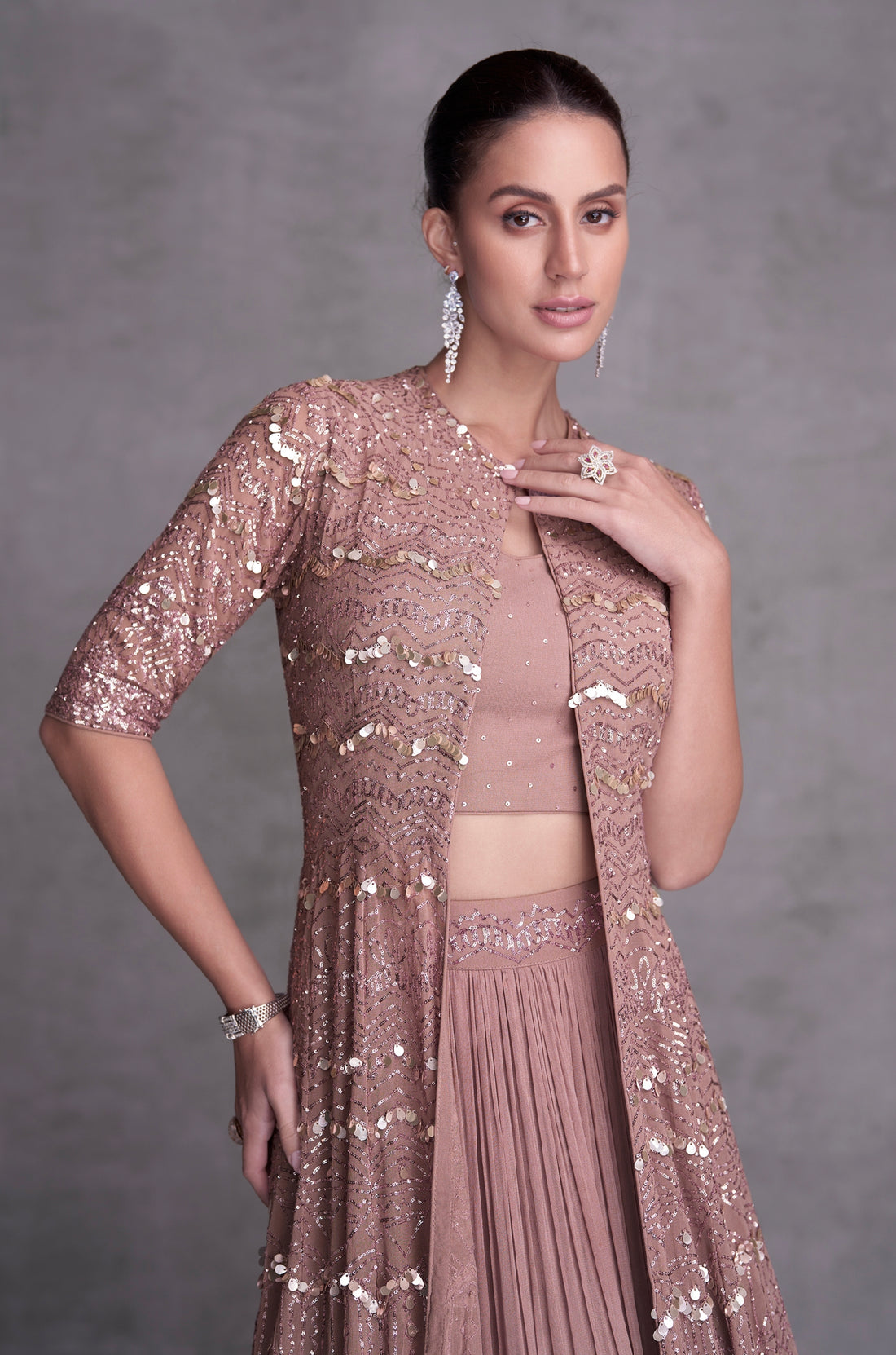 Pink Georgette Embroidered Sharara Set with Jacket & Gold Detailing