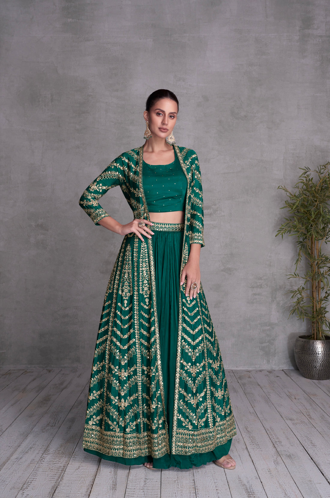 Emerald Green Georgette Embroidered Sharara Set with Gold Detailing