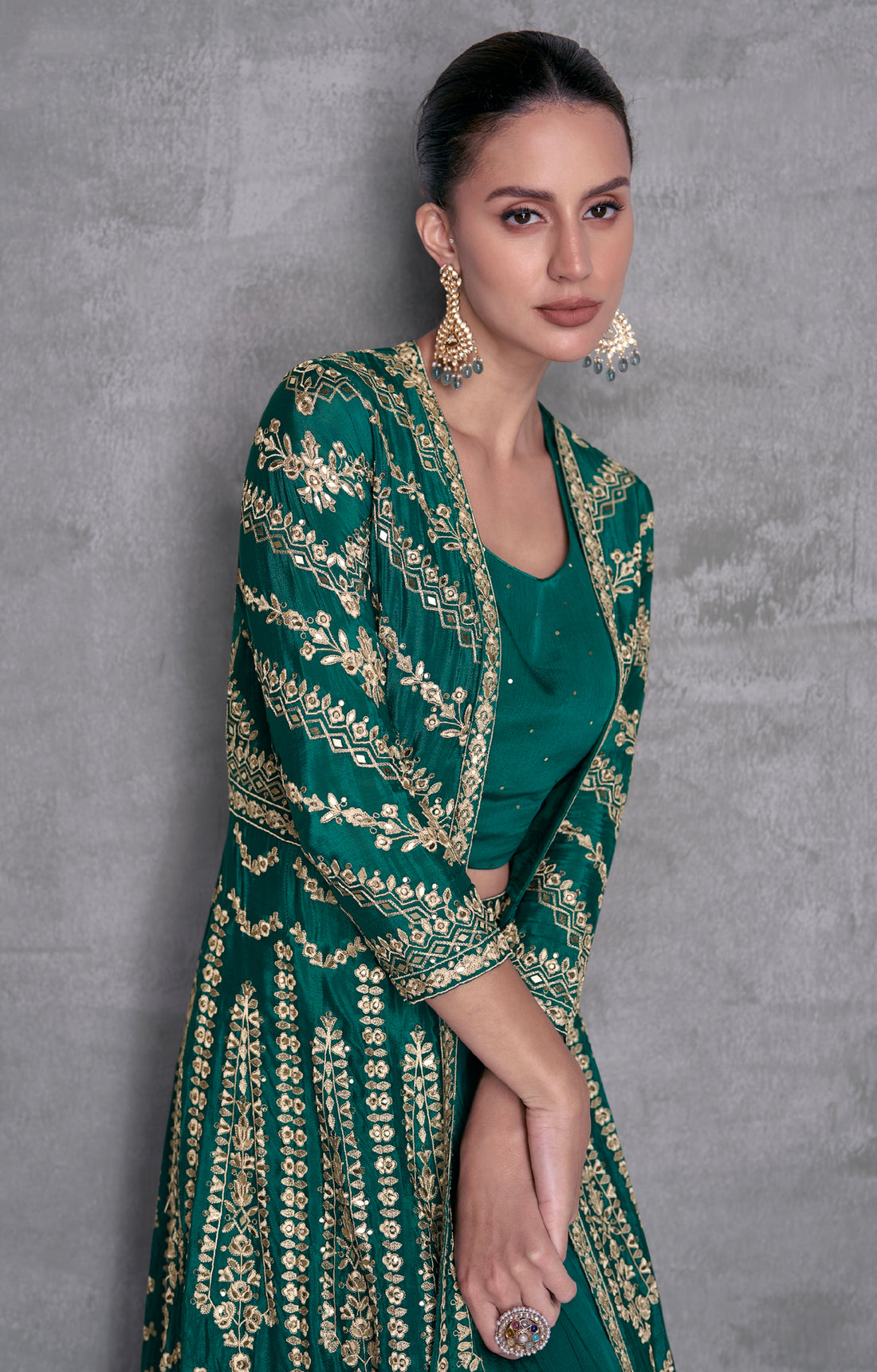 Emerald Green Georgette Embroidered Sharara Set with Gold Detailing