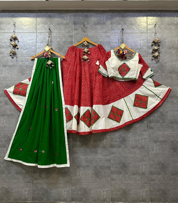 Pure Cotton Bandhni Print Chaniya Choli with Mirror Work (Green & Red)