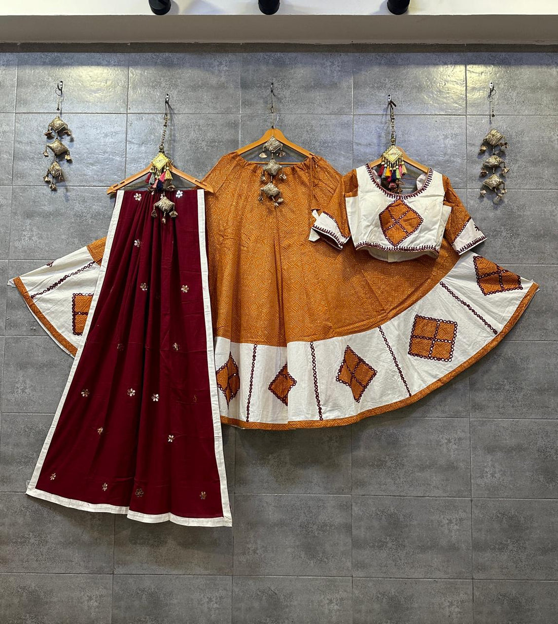 Pure Cotton Bandhni Print Chaniya Choli with Mirror Work (Orange & Maroon)