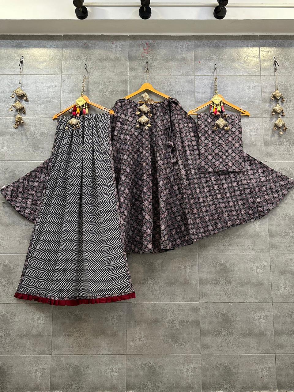 Pure Camric Cotton Chaniya Choli with Heavy Kali Pattern (Dark Grey & Maroon Checks)