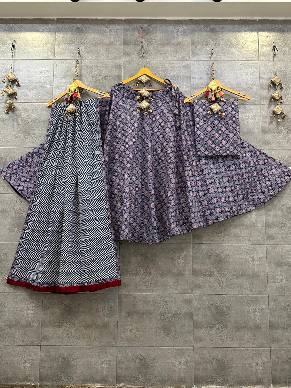 Pure Camric Cotton Chaniya Choli with Heavy Kali Pattern (Grey & Maroon Geometric)