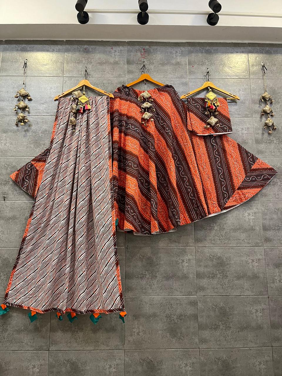 Pure Camric Cotton Chaniya Choli with Heavy Kali Pattern (Orange & Black Stripes)
