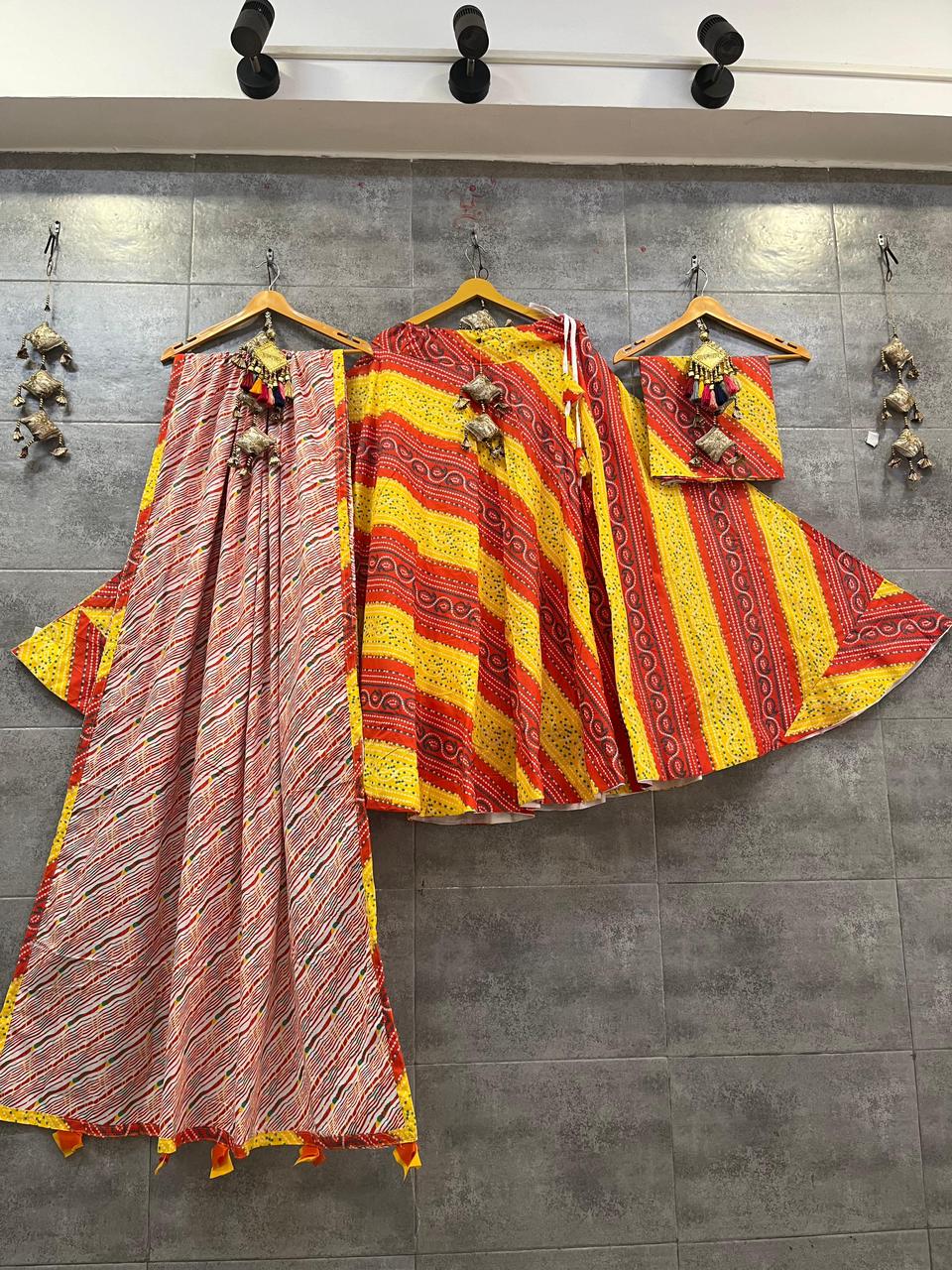 Pure Camric Cotton Chaniya Choli with Heavy Kali Pattern (Yellow & Red Stripes)