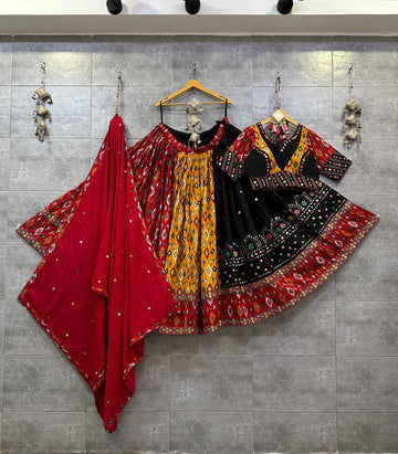 Pure Ikkat Cotton Half-Half Chaniya Choli with Red & Yellow Dupatta