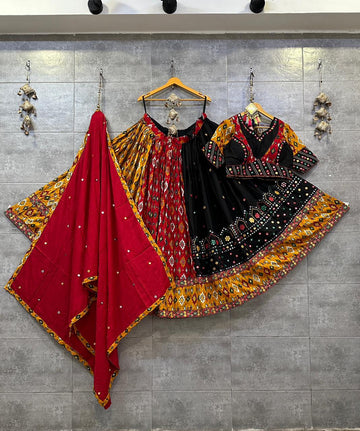 Pure Ikkat Cotton Half-Half Chaniya Choli with Red Dupatta