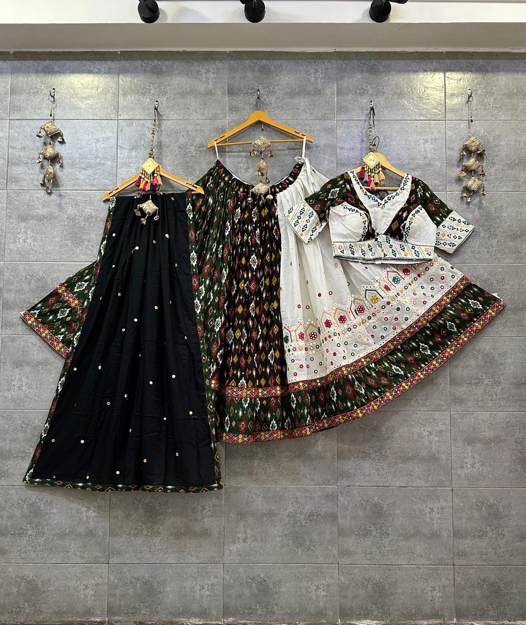 Pure Ikkat Cotton Half-Half Chaniya Choli with Black & White Dupatta