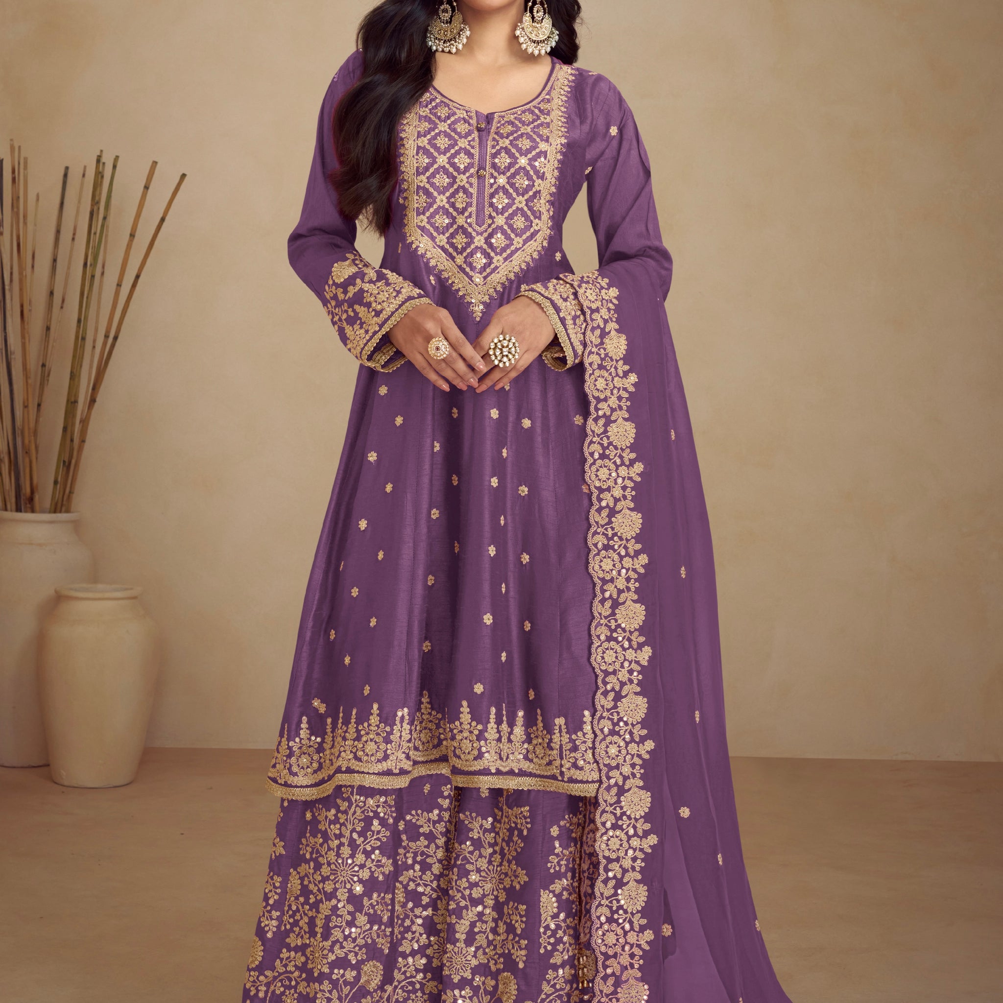 Mauve Real Chinon Palazzo Suit with Embroidered Koti Style & Dupatta