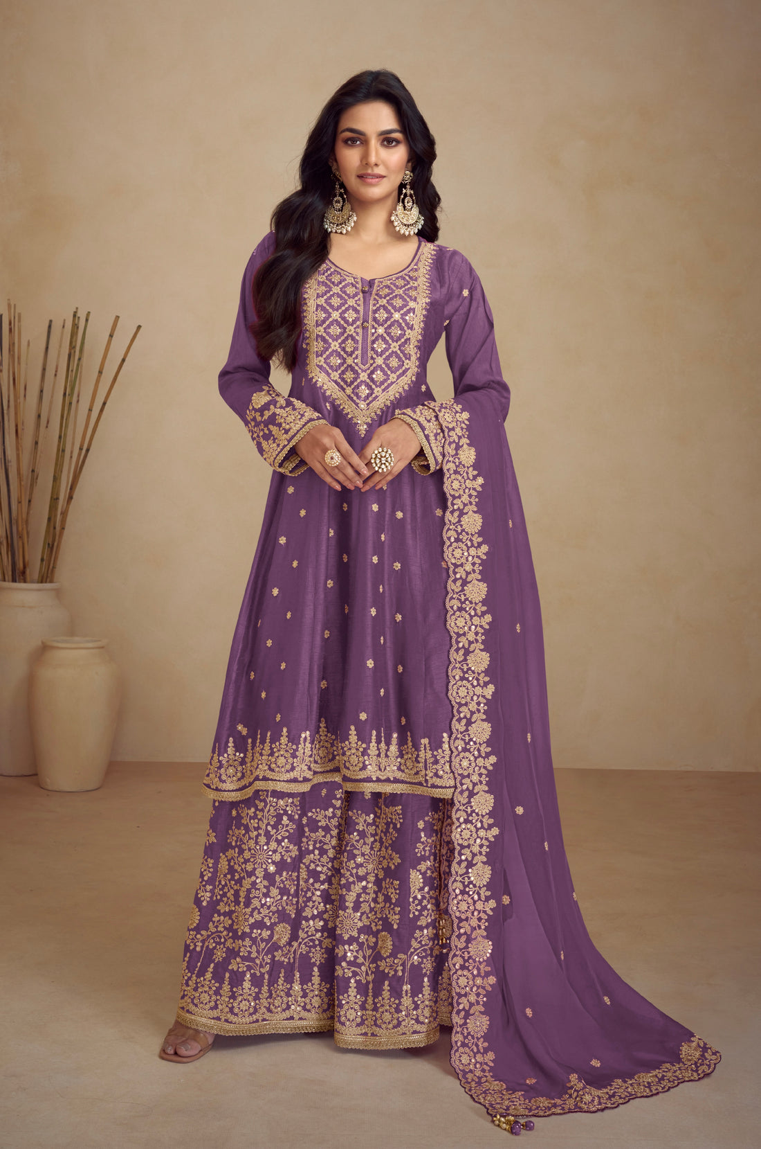 Mauve Real Chinon Palazzo Suit with Embroidered Koti Style & Dupatta