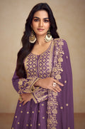 Mauve Real Chinon Palazzo Suit with Embroidered Koti Style & Dupatta